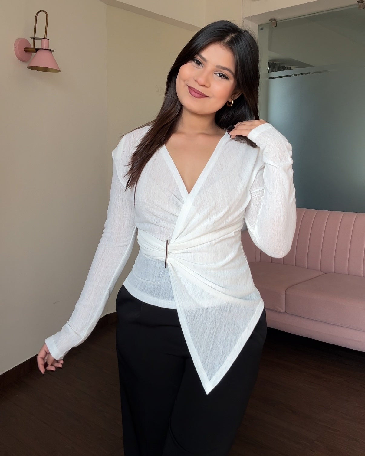 V Neck Hem Detailing Solid Top