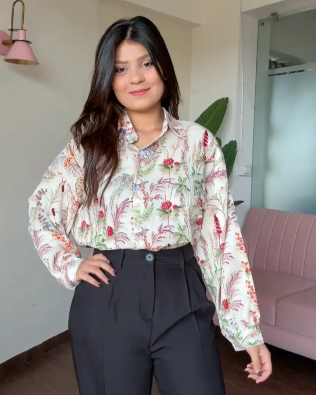 Printed Ivory Garden Crepe Full Sleeves Shirt