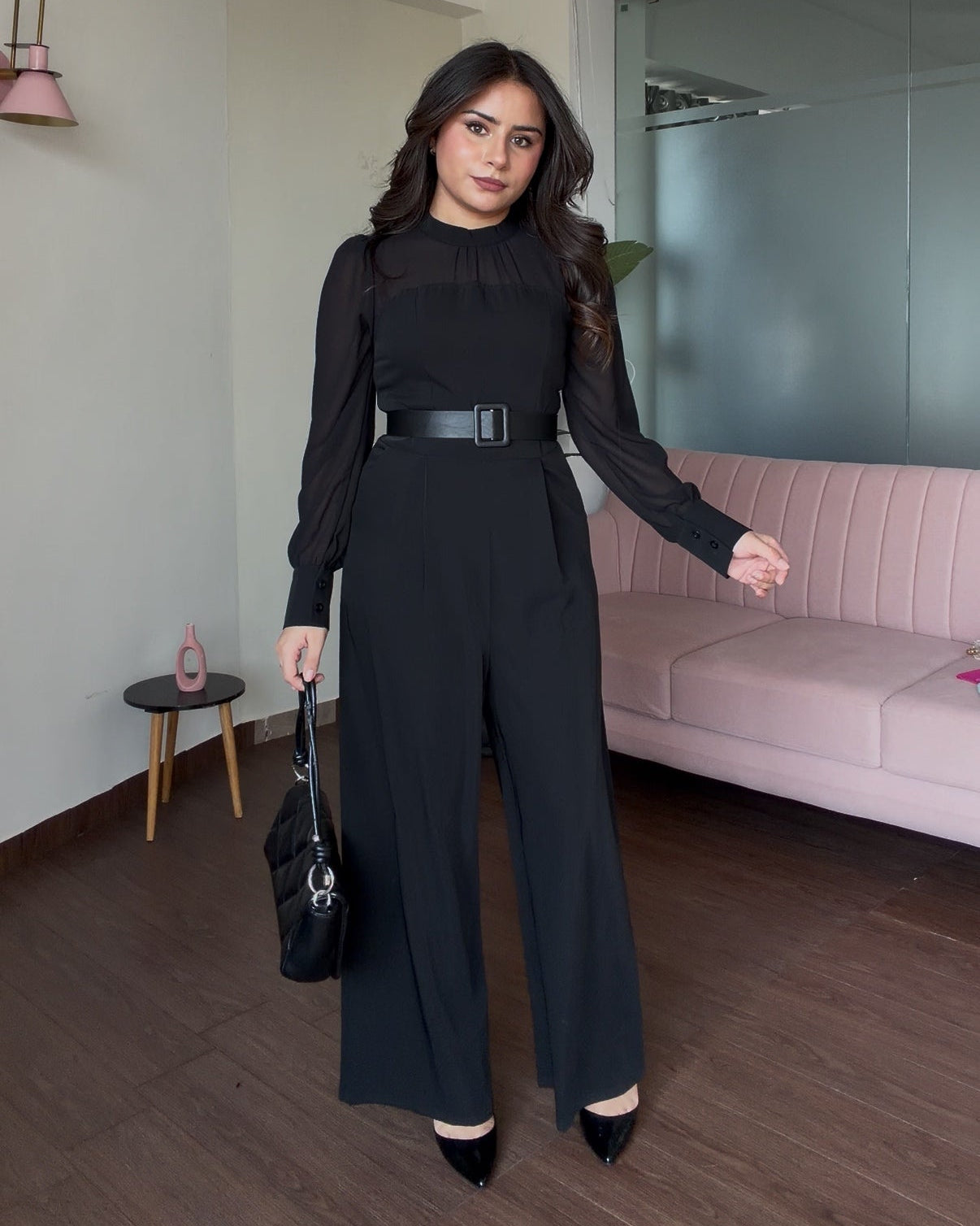 Black Chiffon Detailing Puff Sleeve Fitted Jumpsuit