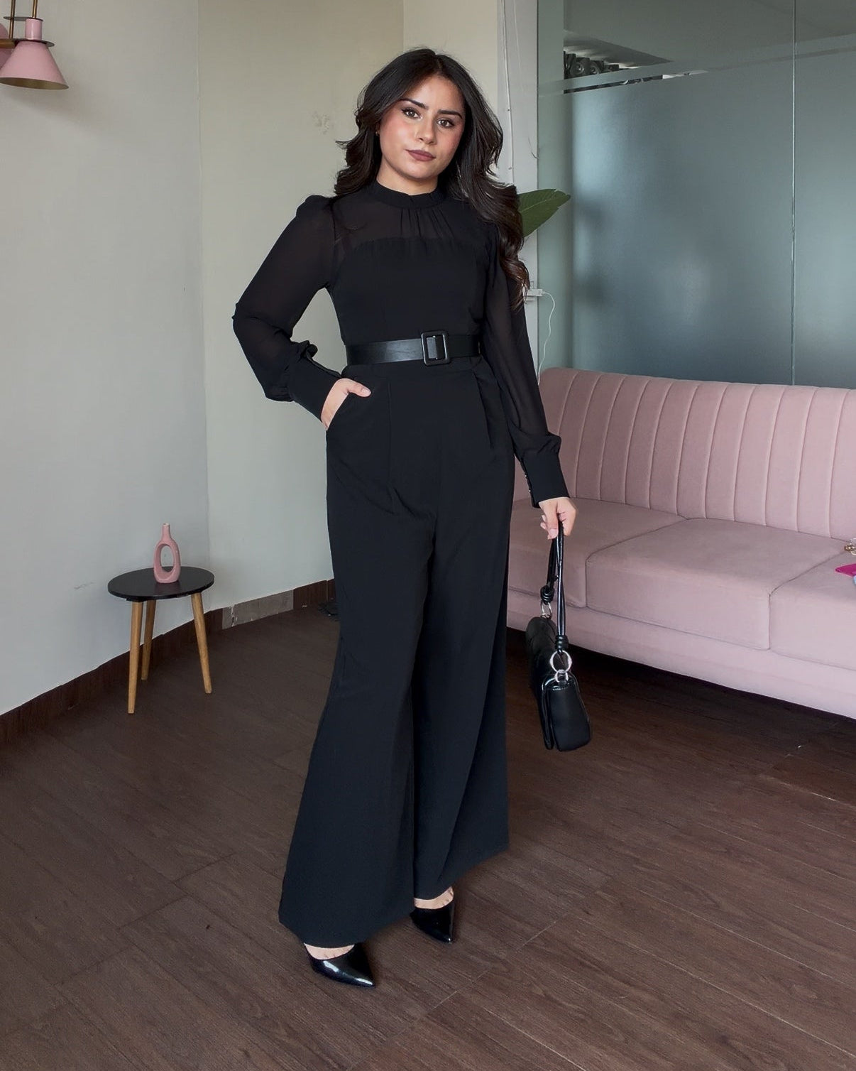Black Chiffon Detailing Puff Sleeve Fitted Jumpsuit