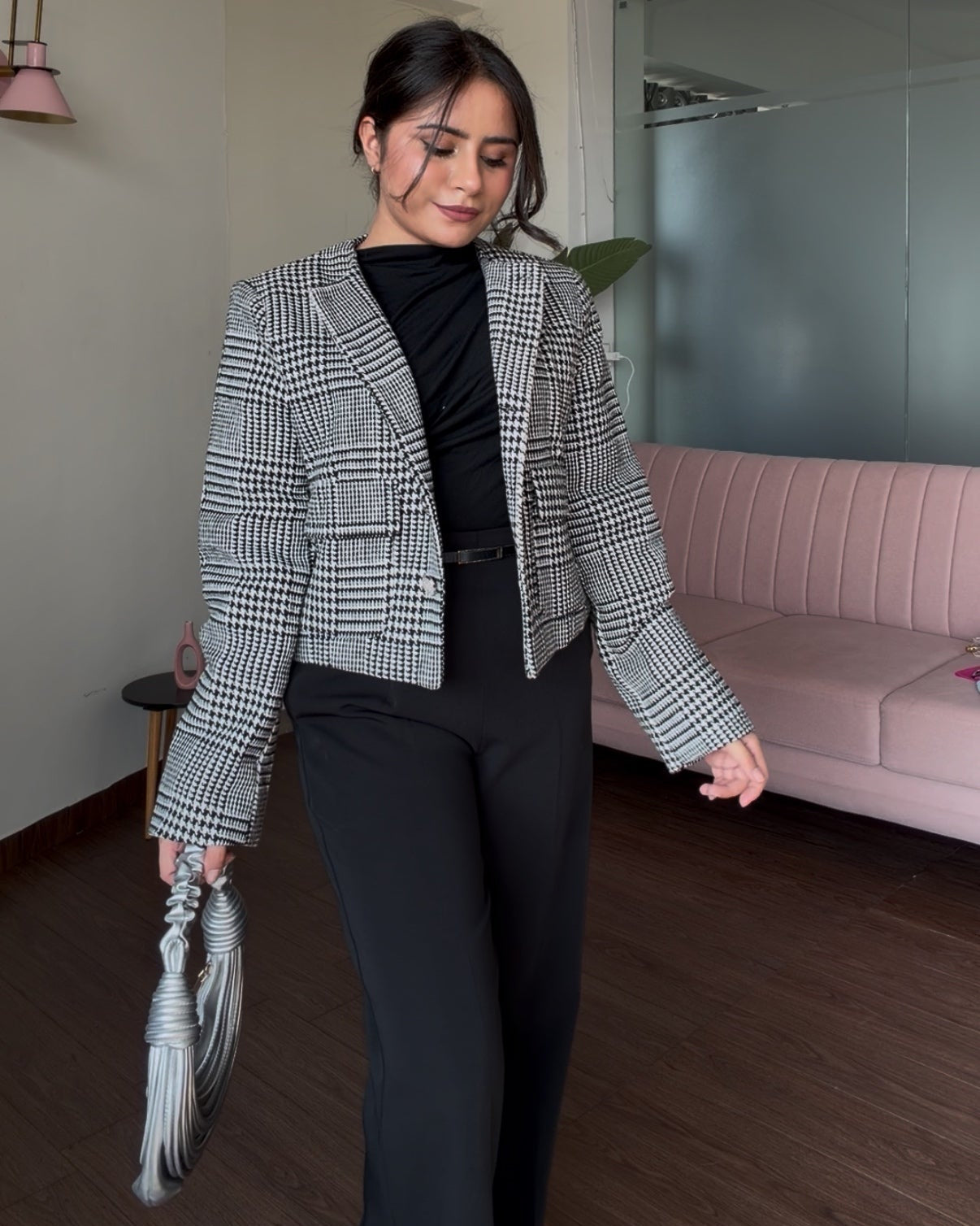 Houndstooth Silver Button-Up Round Neck Cropped Blazer