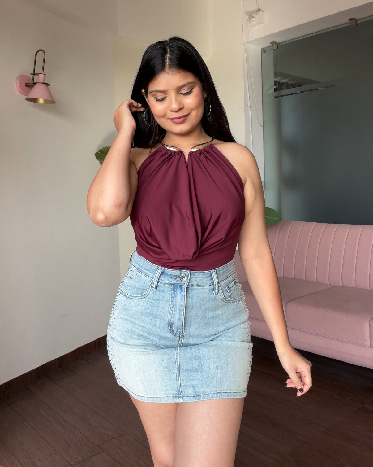 Cowl Neck Golden Necklace Detailing Top