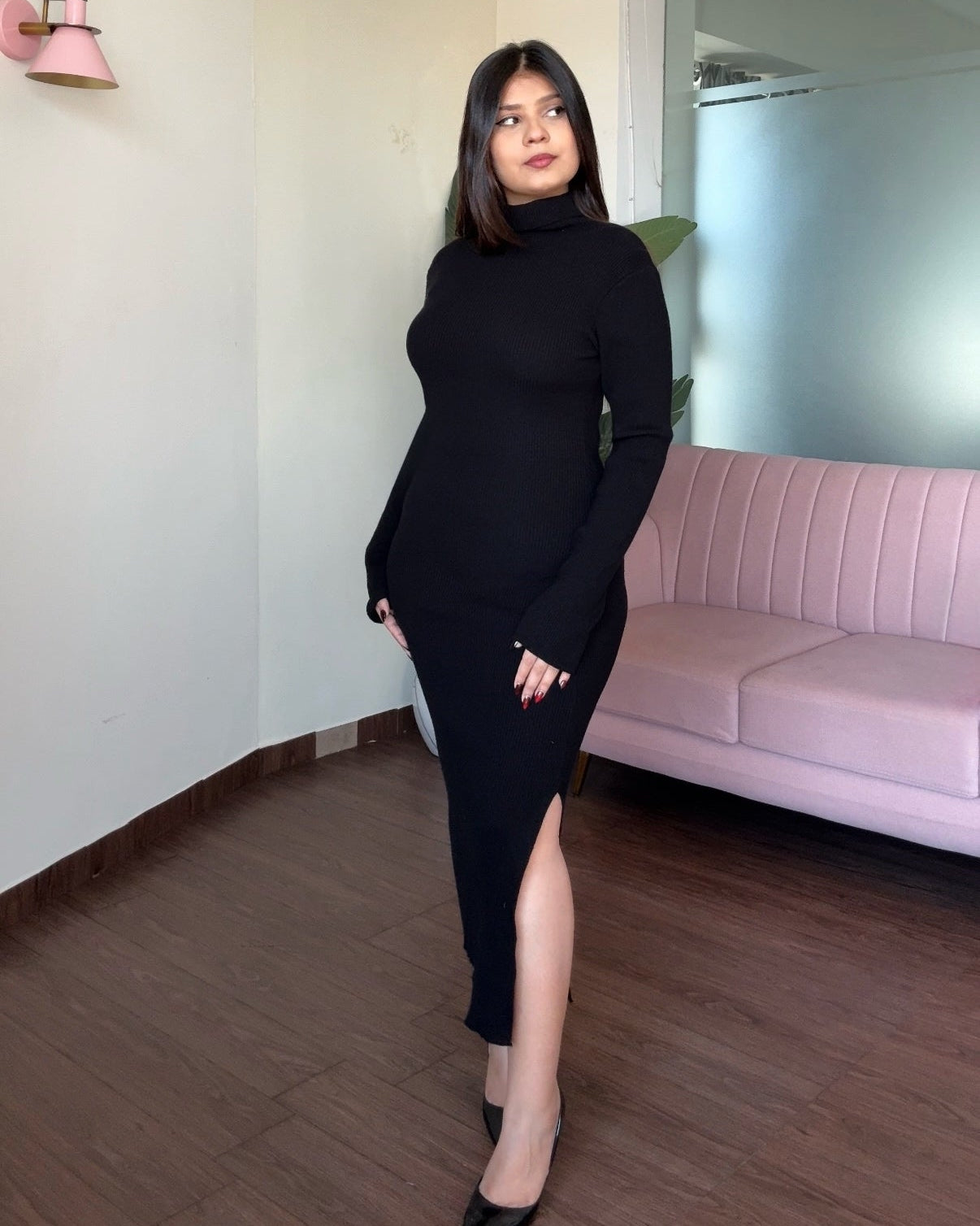 Basic Black Turtleneck Midi Dress