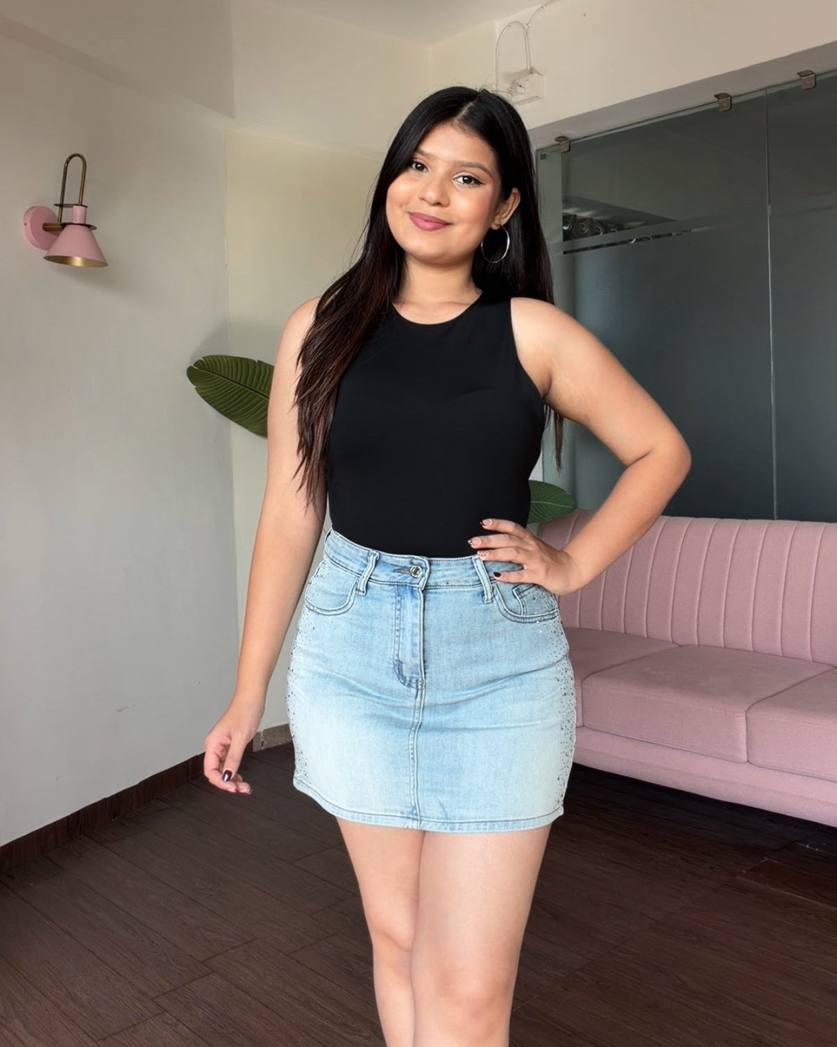 Minimal Sequin Detailing Denim Skirt