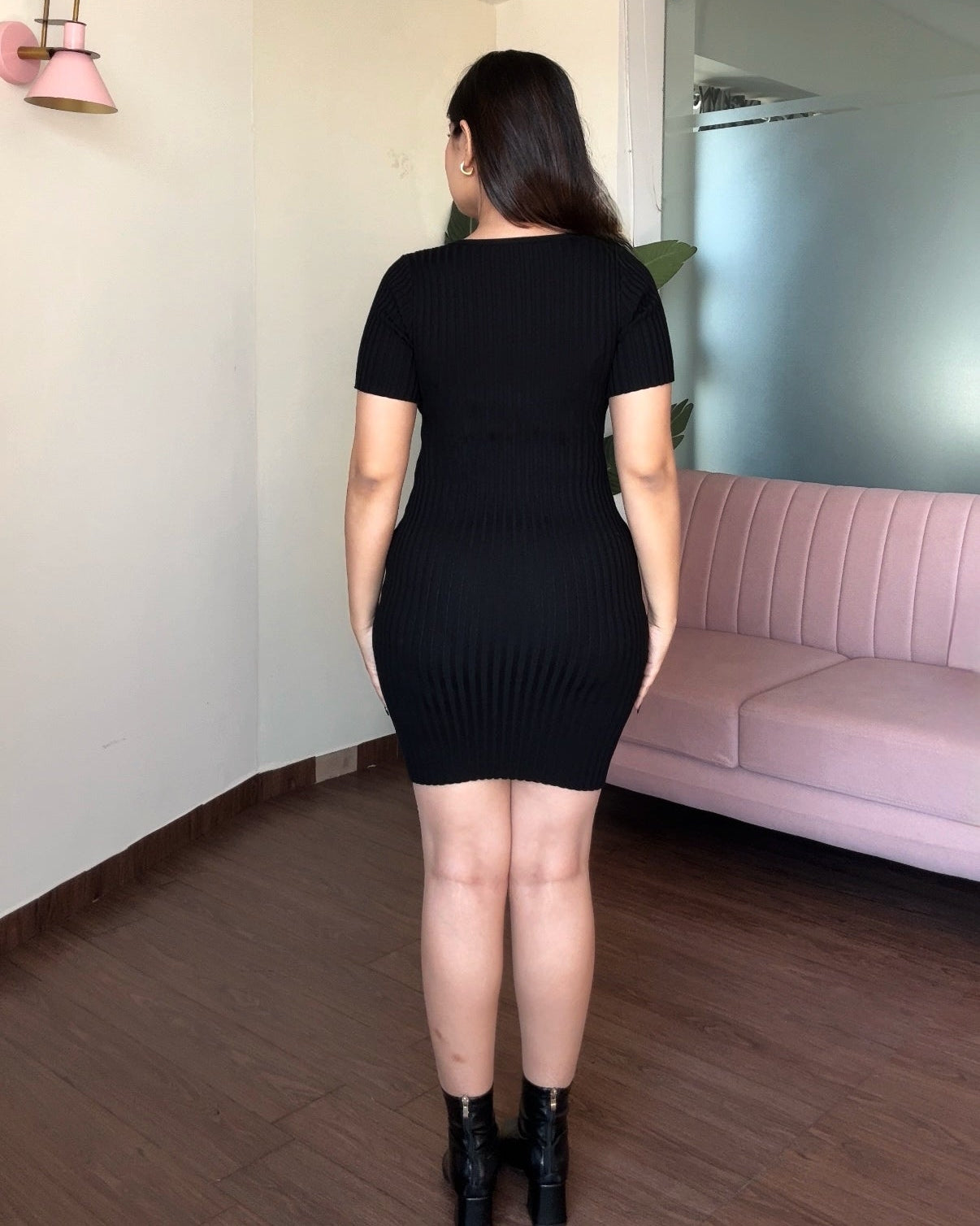 V Neck Ribbed Mini Dress