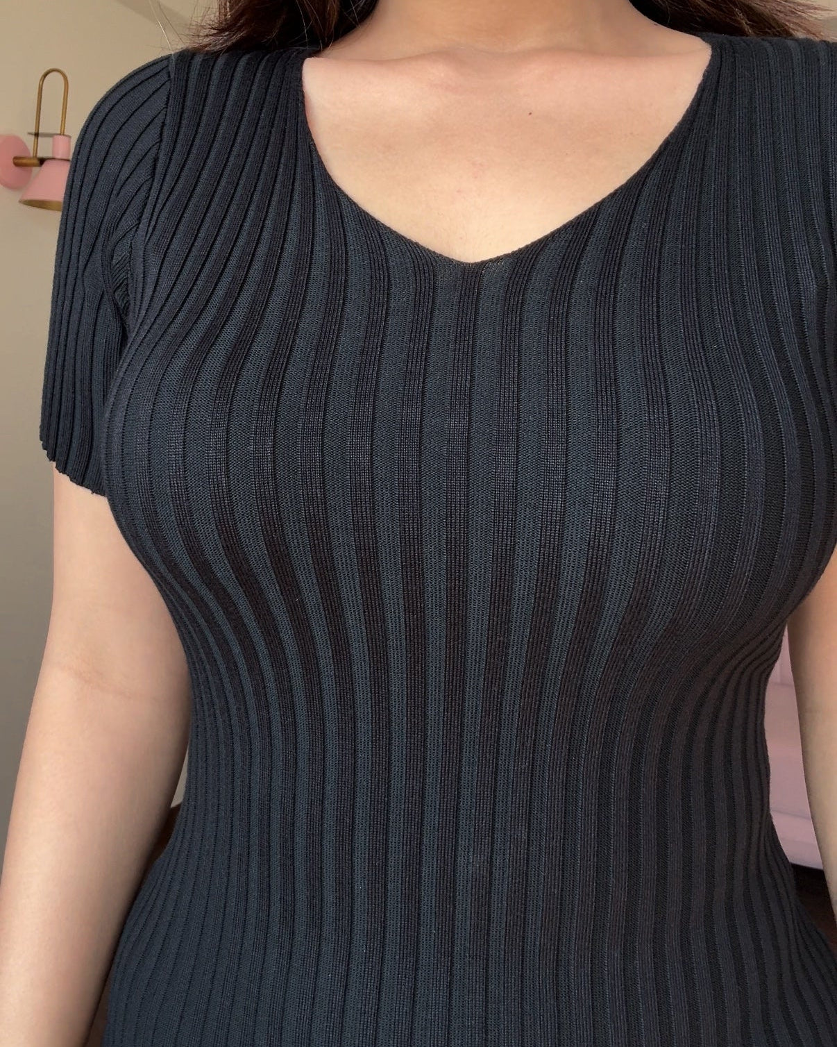 V Neck Ribbed Mini Dress