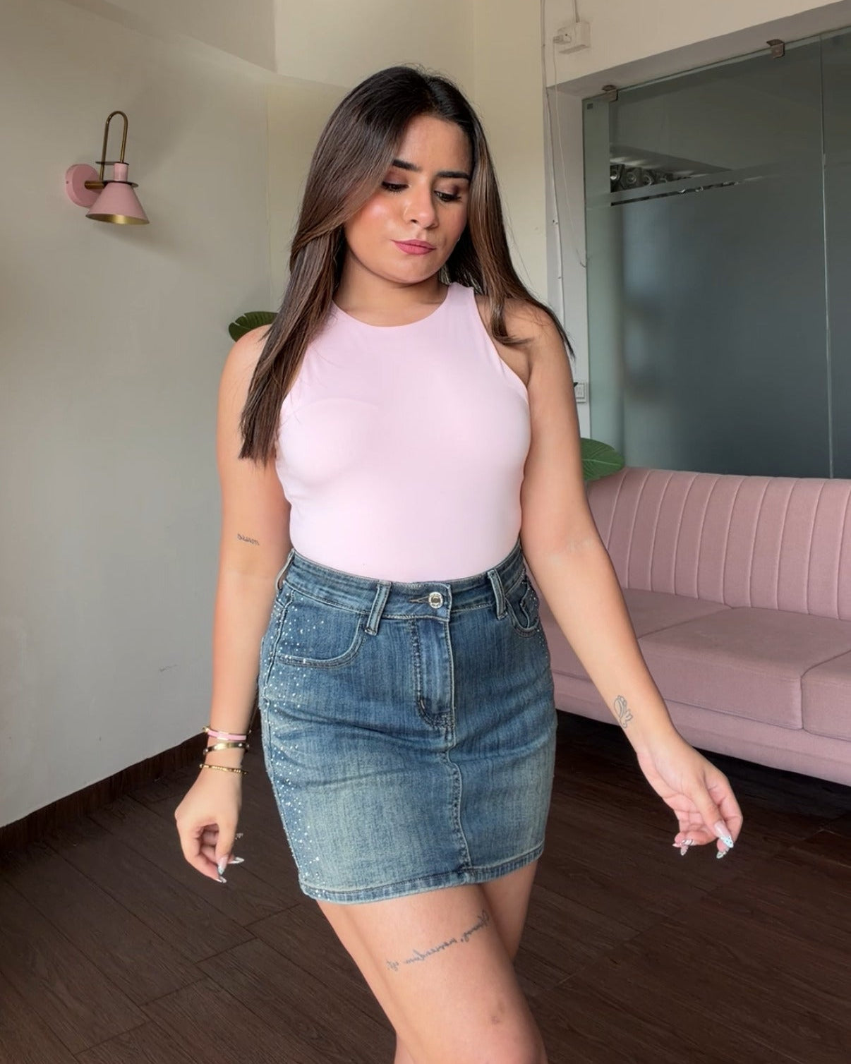 Minimal Sequin Detailing Denim Skirt
