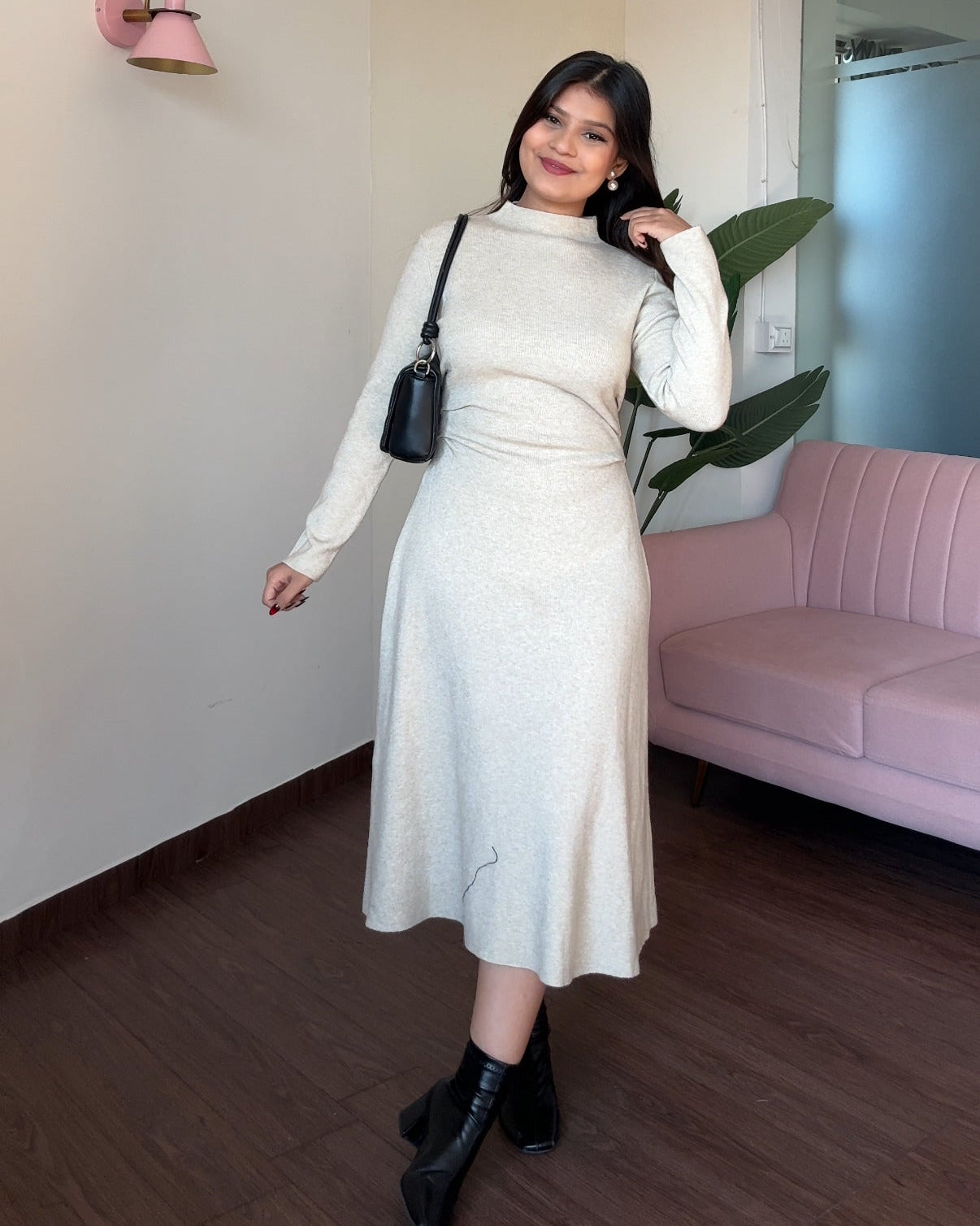 High Neck Ruched Detailing Winter Midi Dress