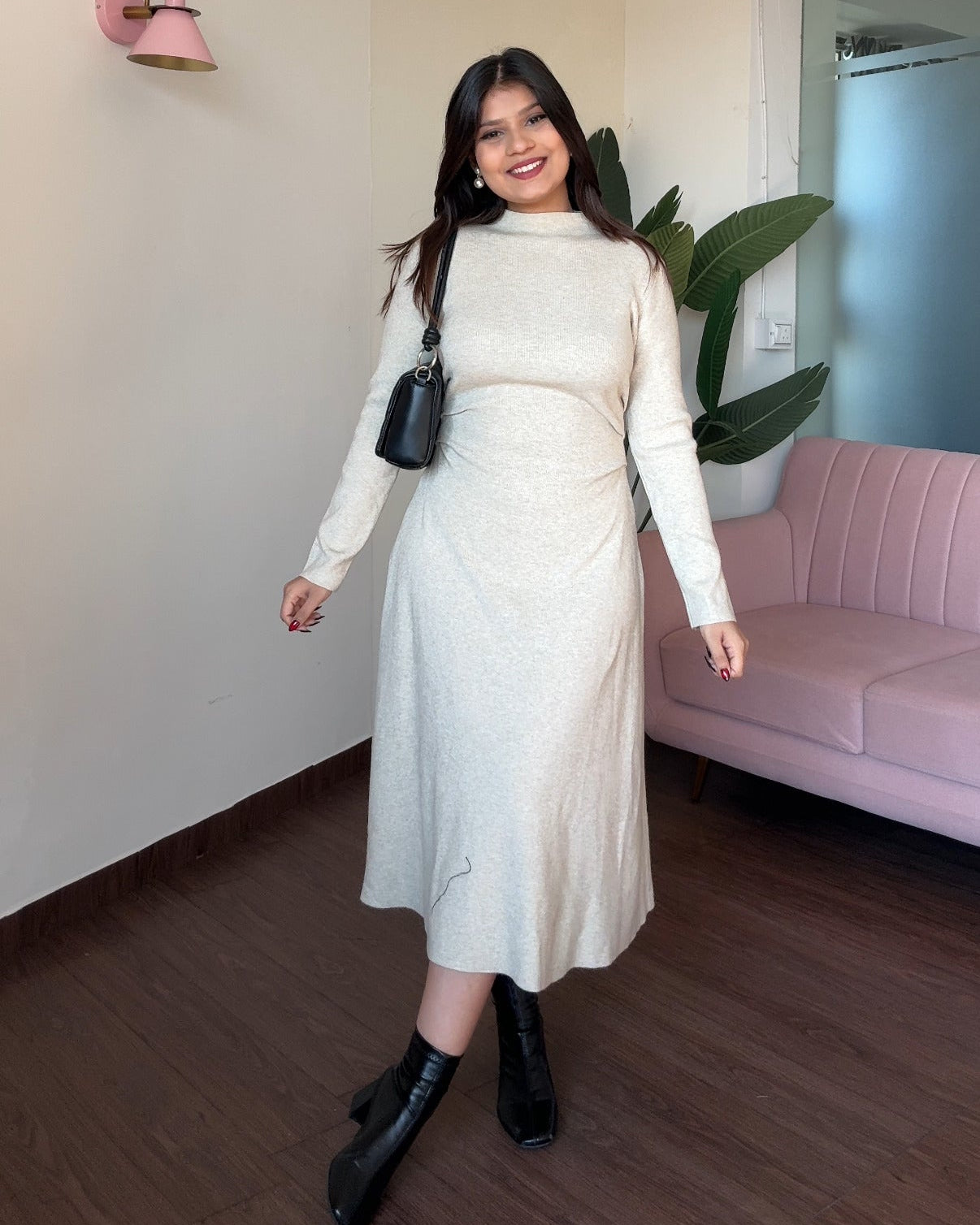 High Neck Ruched Detailing Winter Midi Dress