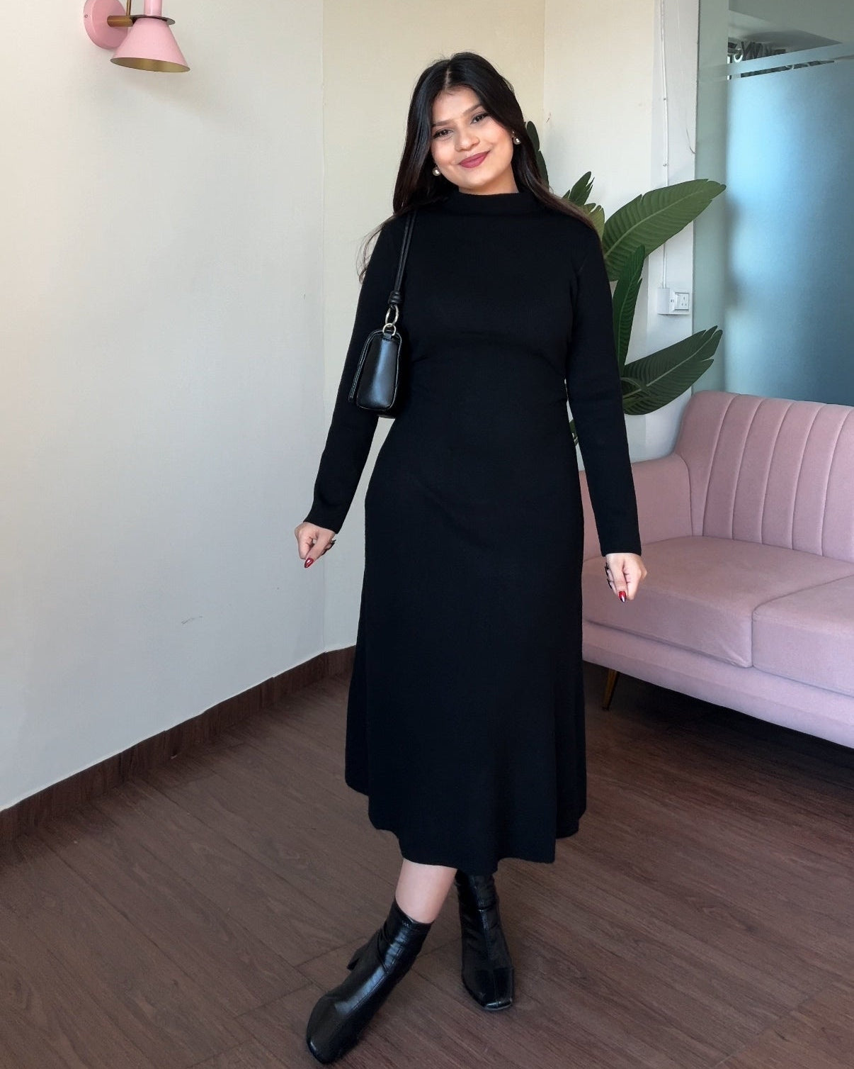 High Neck Ruched Detailing Winter Midi Dress