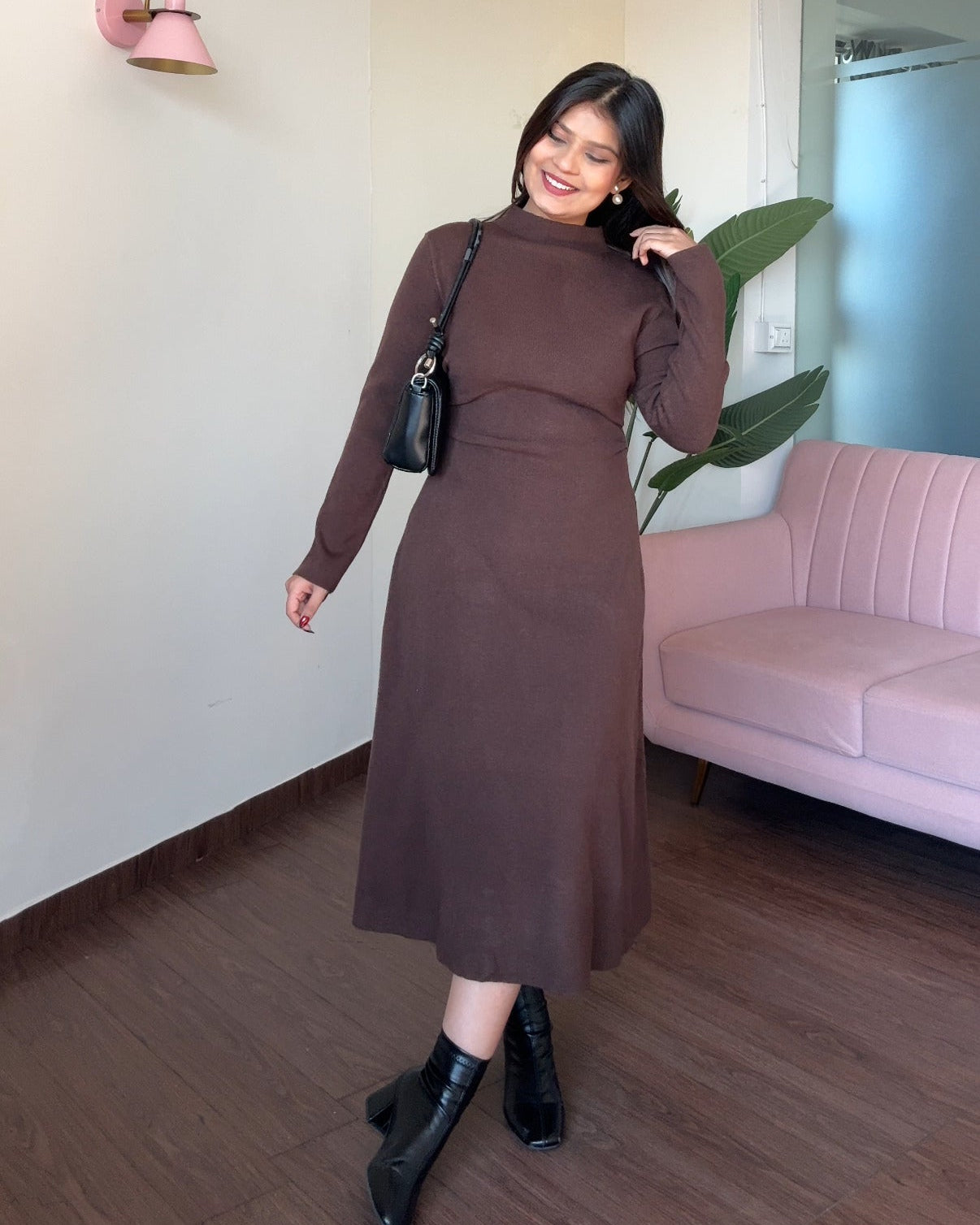 High Neck Ruched Detailing Winter Midi Dress