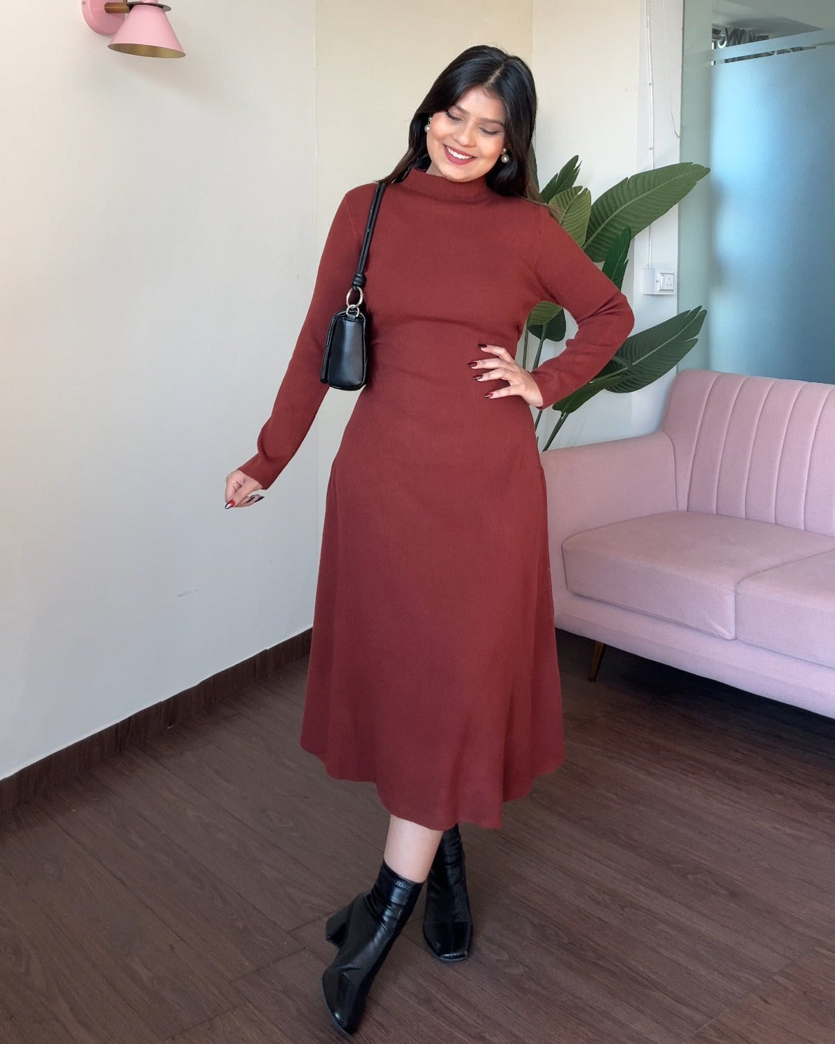 High Neck Ruched Detailing Winter Midi Dress