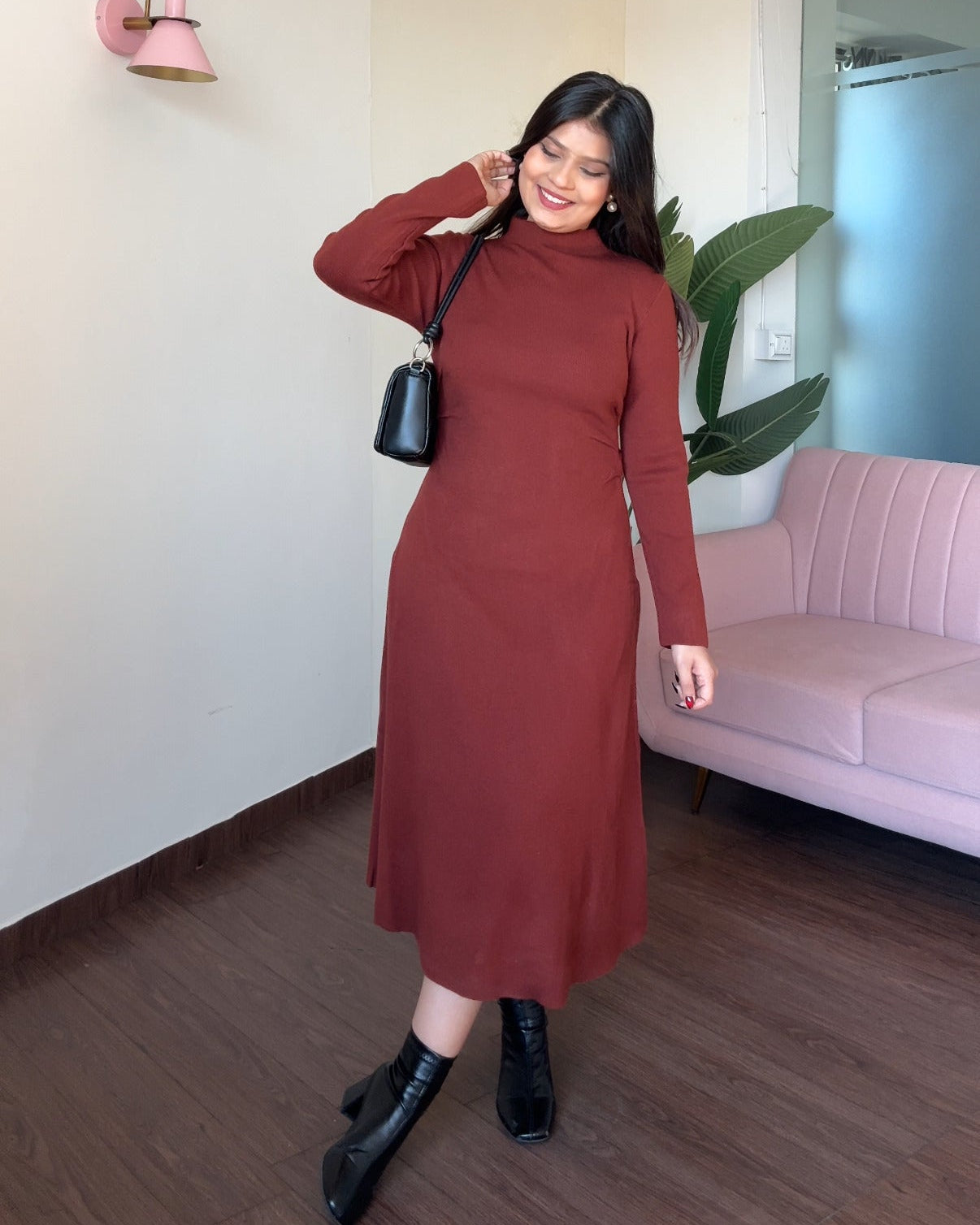 High Neck Ruched Detailing Winter Midi Dress