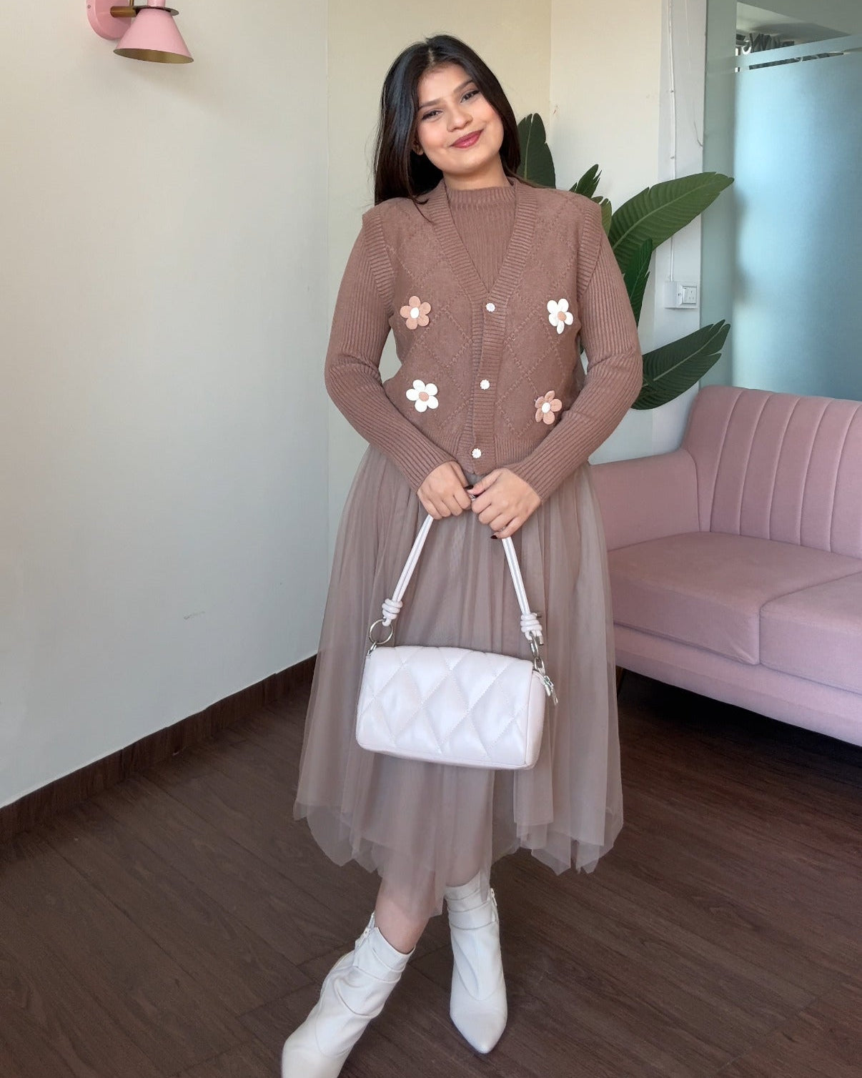 2 Piece Dual Flower Pattern Knitted Vest With Winter Dress