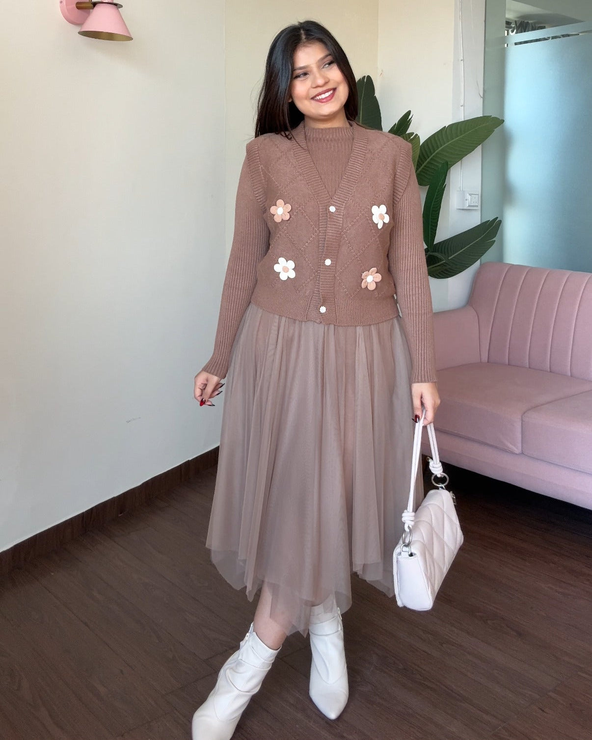 2 Piece Dual Flower Pattern Knitted Vest With Winter Dress