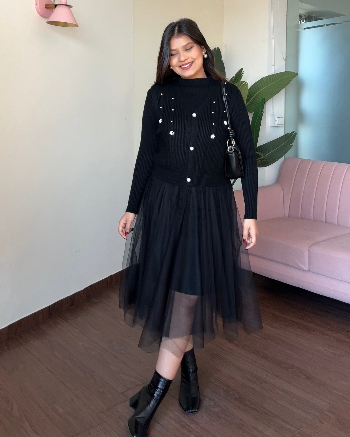 2 Piece Pearl Detailing Vest Top With Winter Dress