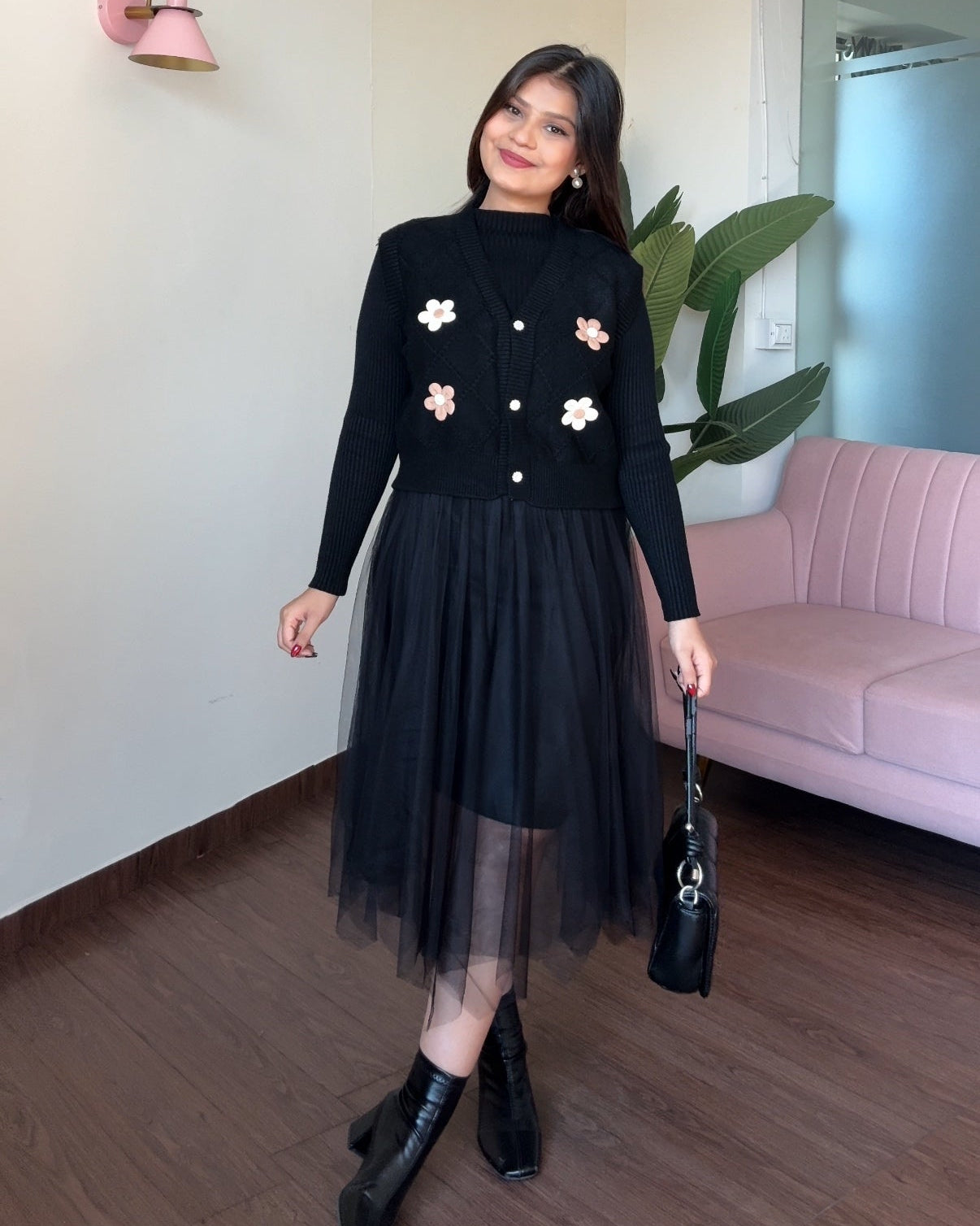 2 Piece Dual Flower Pattern Knitted Vest With Winter Dress