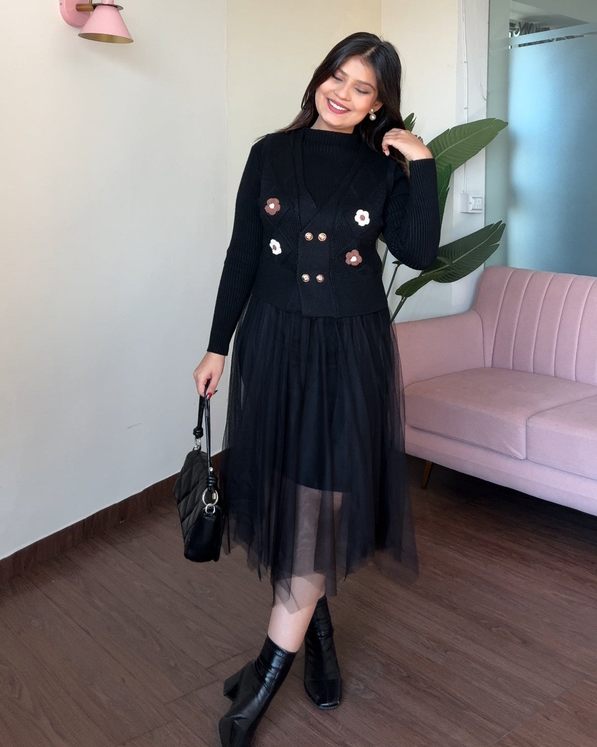 2 Piece Crochet Flower Detailing Textured Vest With Winter Dress