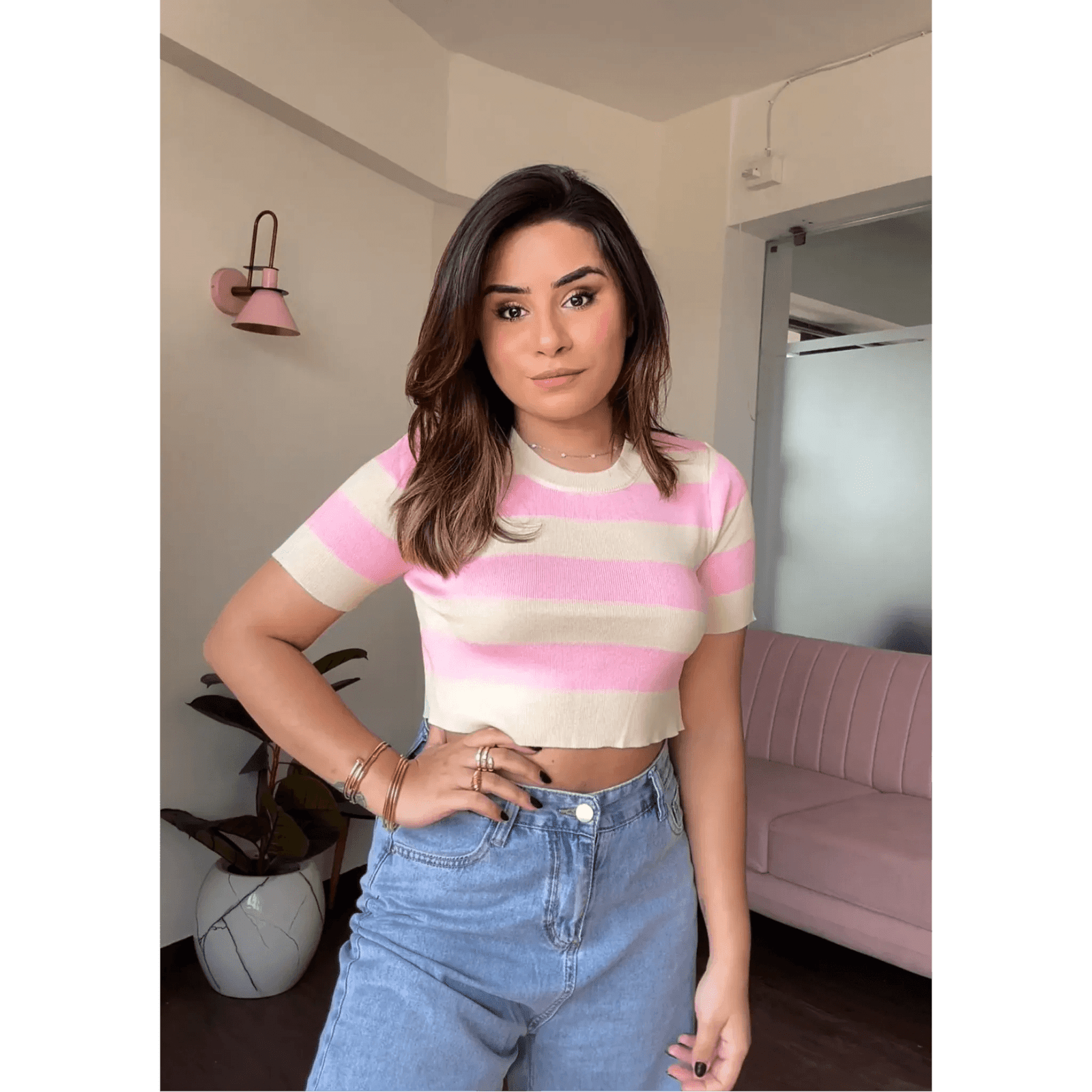 Stripe Cropped Casual Crew Neck Top