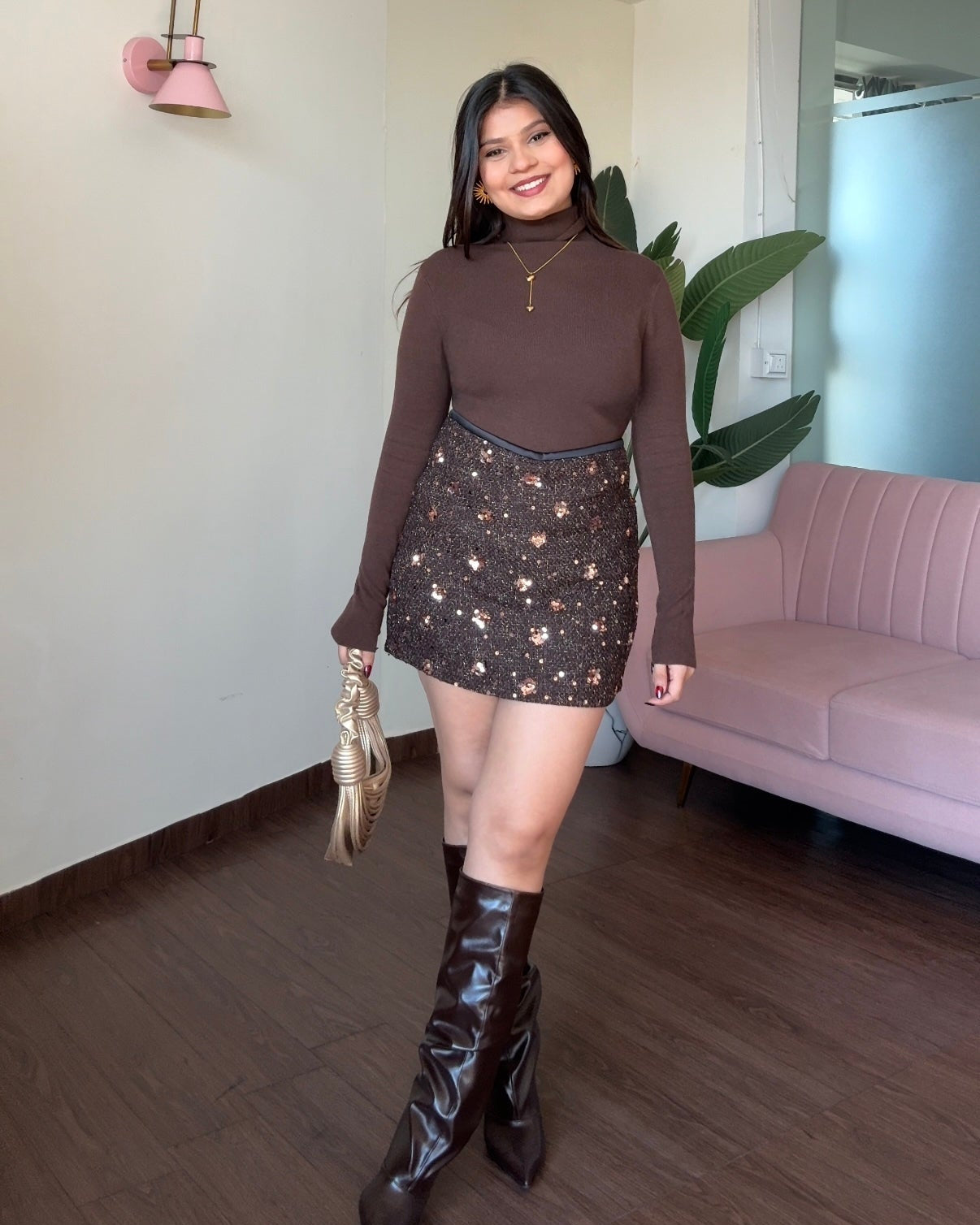 Dark Brown Tweed Mini Sequin Skirt & Classic Turtleneck Top