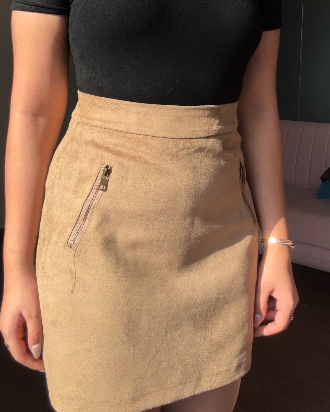 Suede Cropped Jacket With Mini Skirt Set