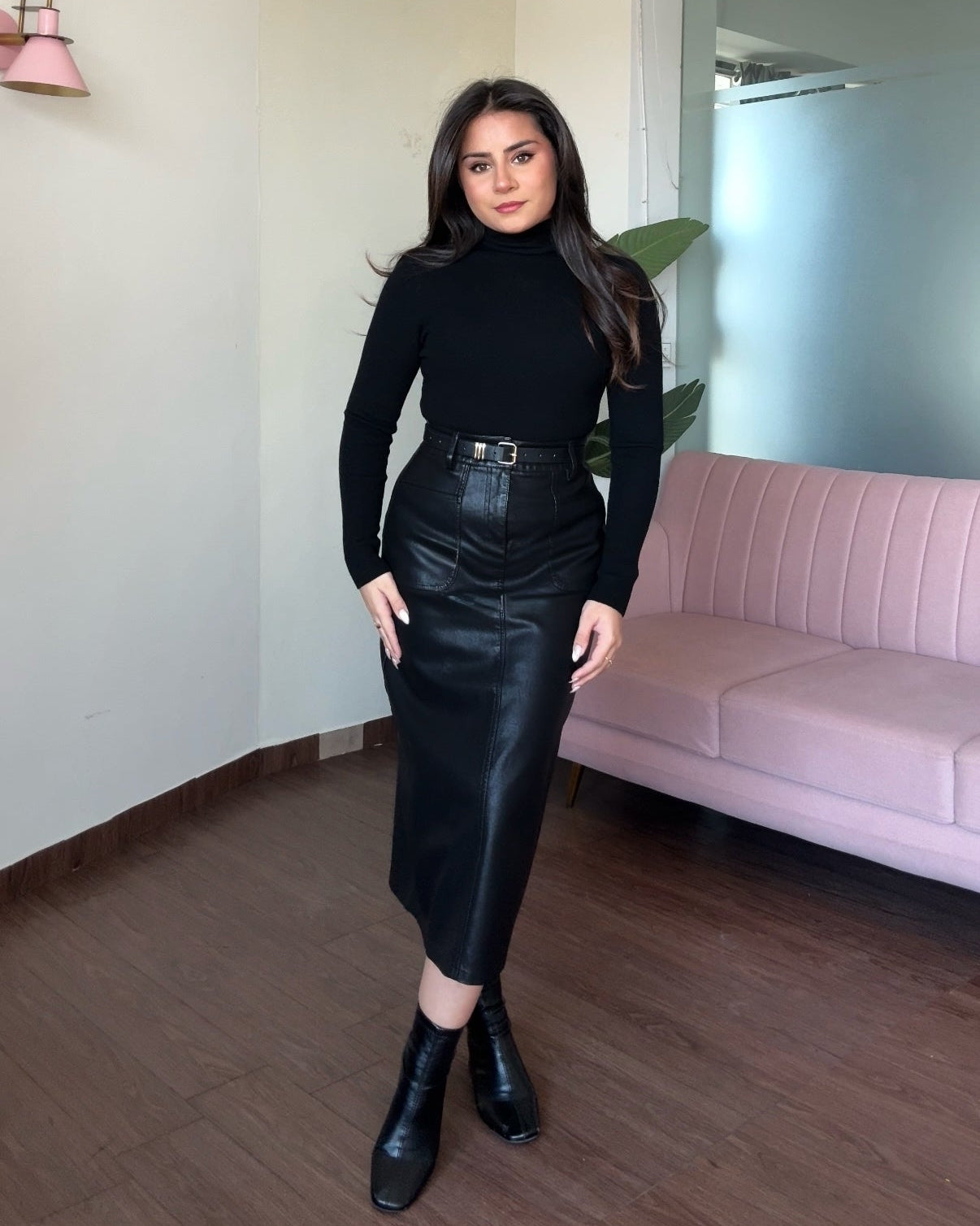 Basic Leather Straight Fit Midi Skirt With Belt