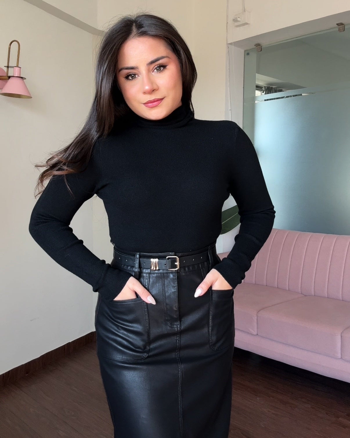 Basic Leather Straight Fit Midi Skirt With Belt