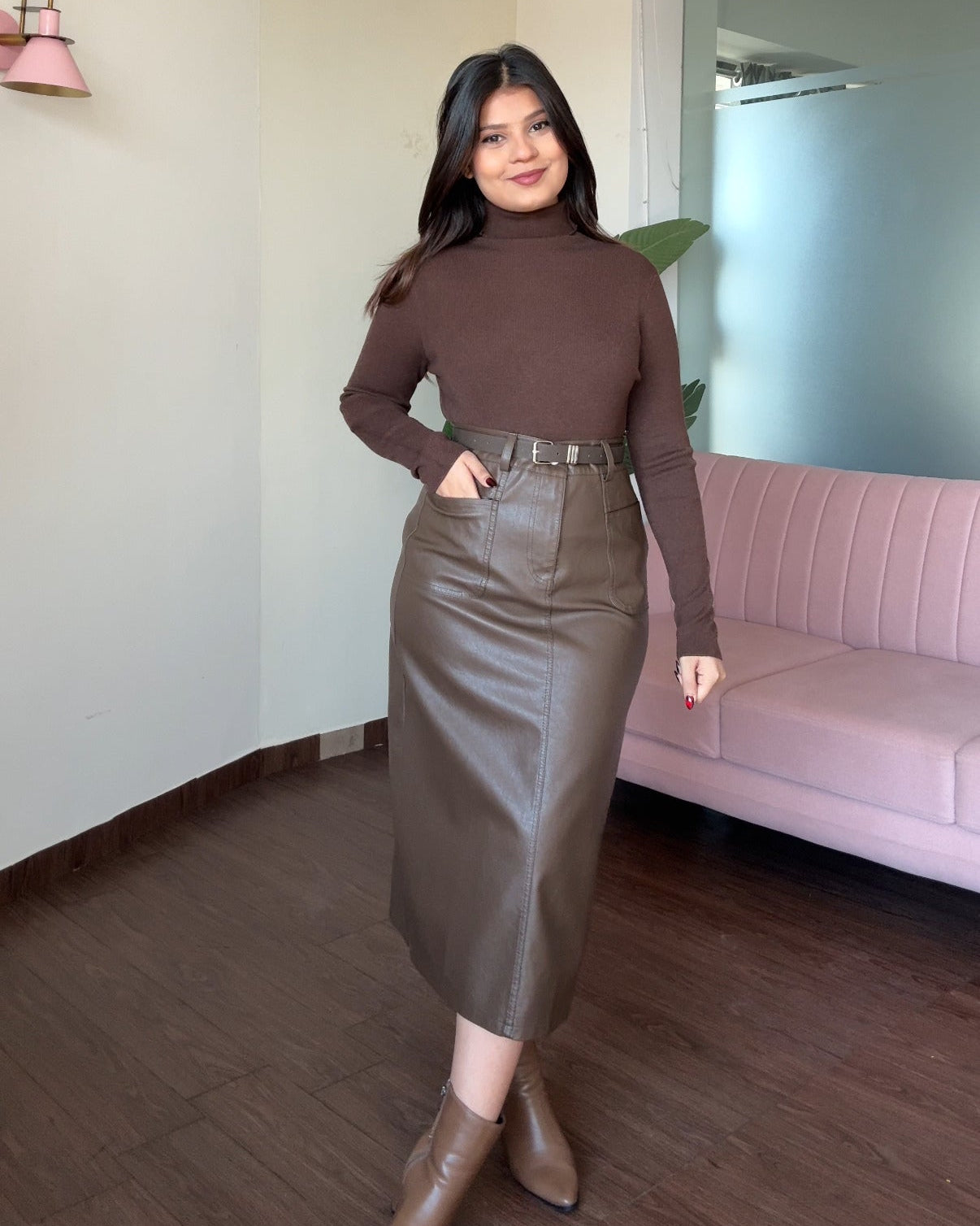 Basic Leather Straight Fit Midi Skirt With Belt