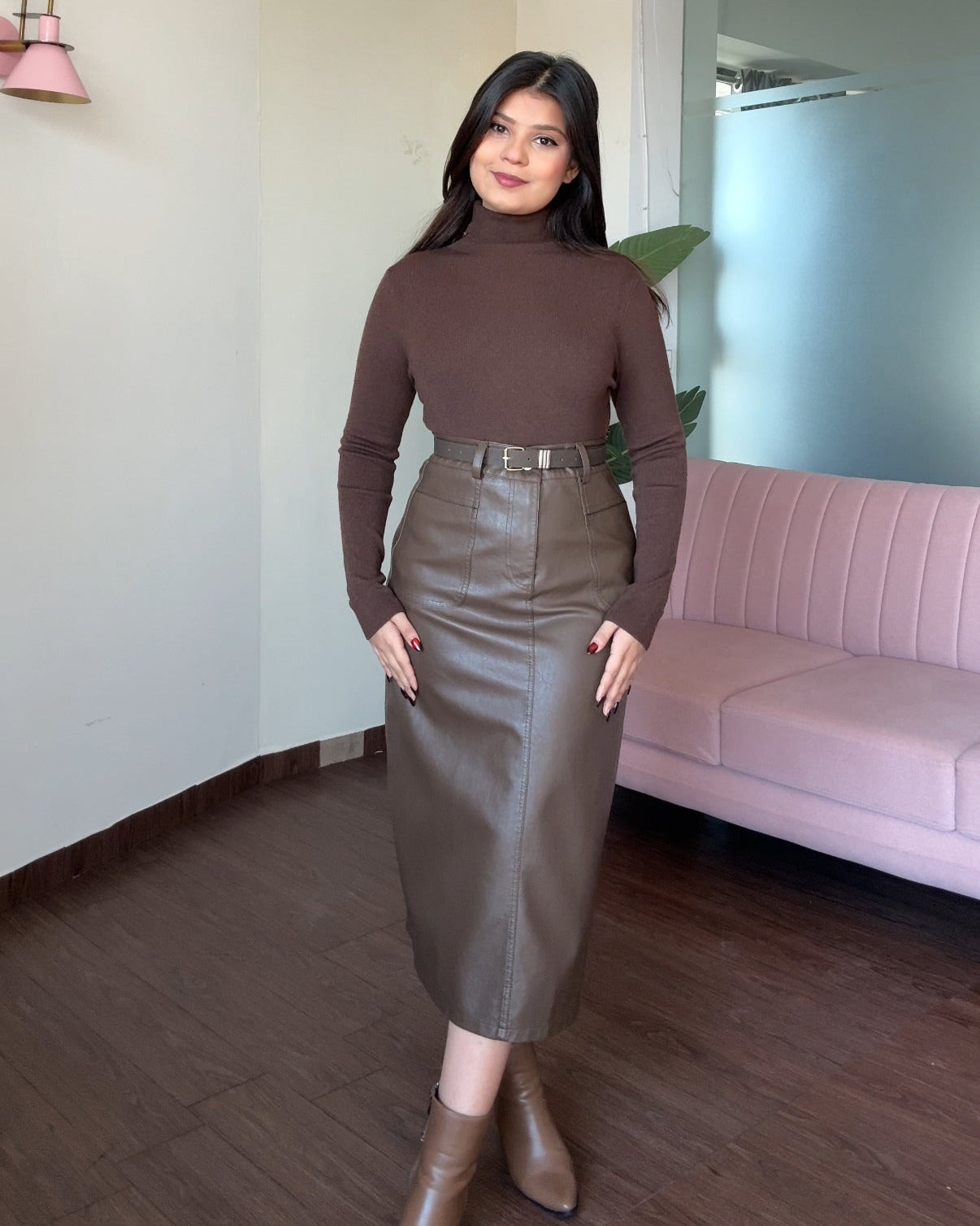 Basic Leather Straight Fit Midi Skirt With Belt