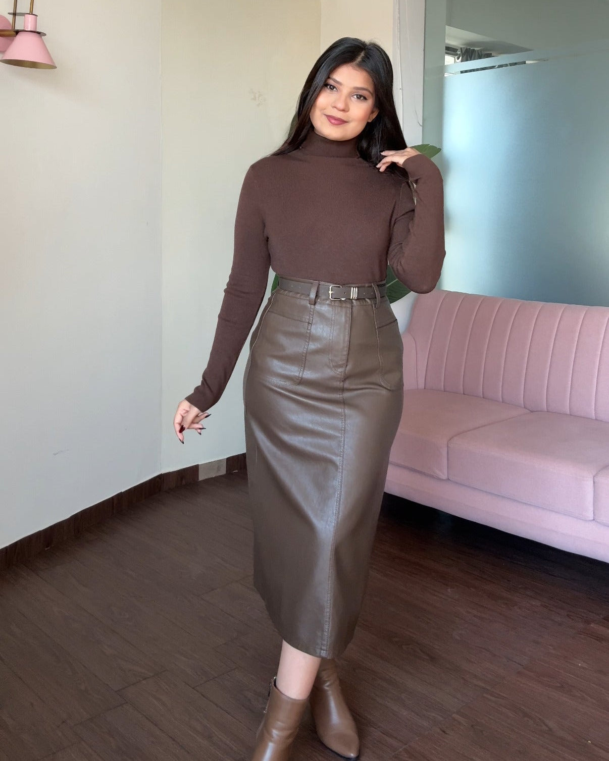 Basic Leather Straight Fit Midi Skirt With Belt