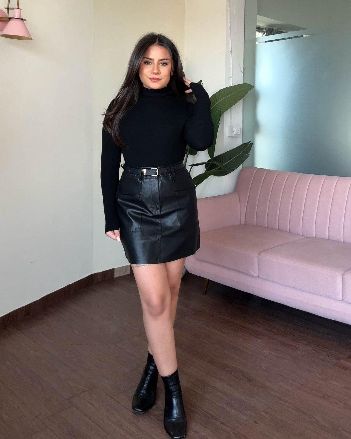 Pocket Detailing Mini Leather Skirt With Belt