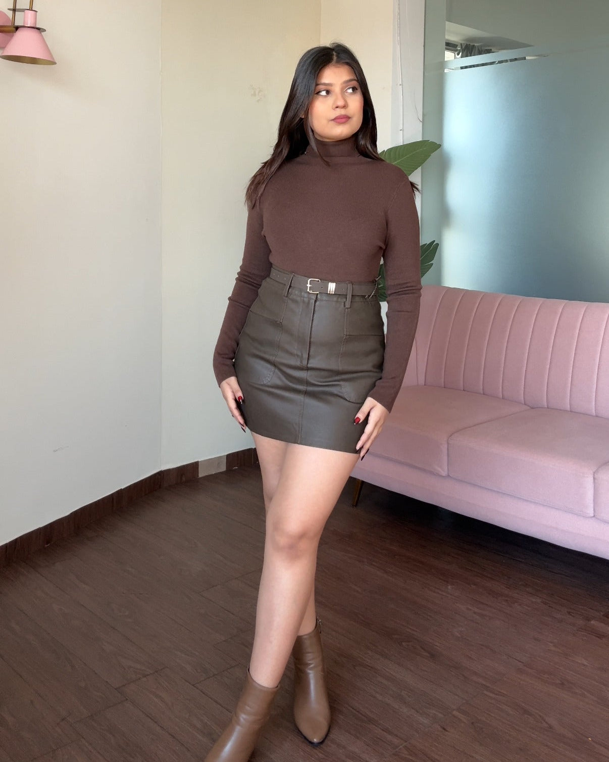 Pocket Detailing Mini Leather Skirt With Belt