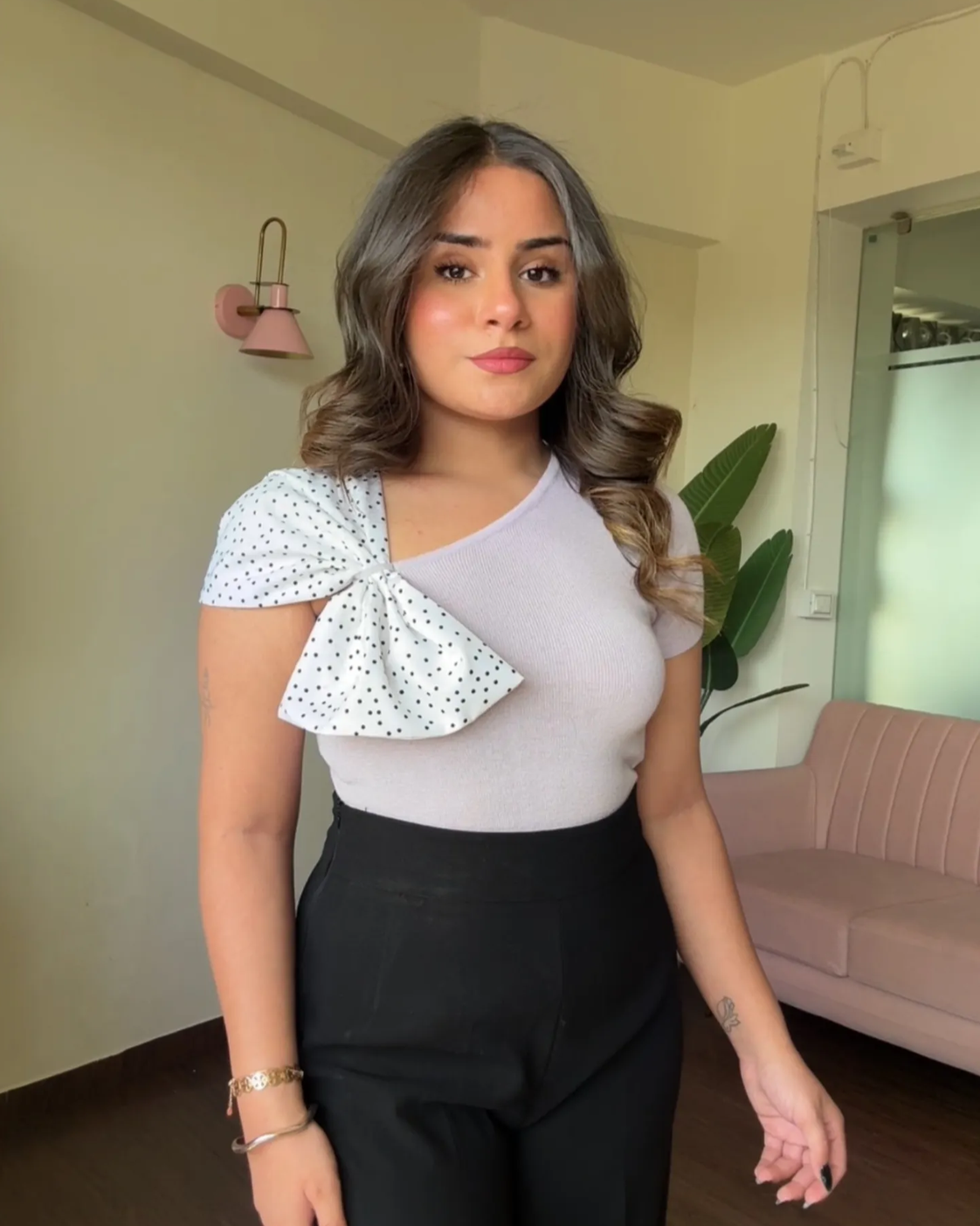 Polka Dot Bow Sleeve Knitted Top