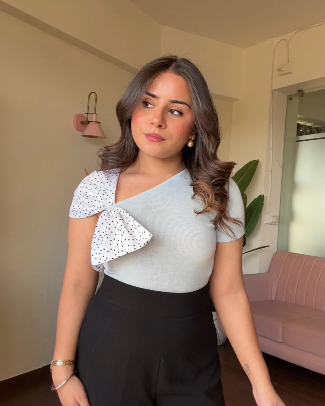 Polka Dot Bow Sleeve Knitted Top