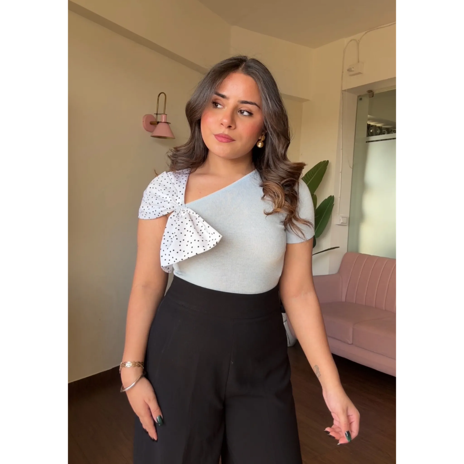 Polka Dot Bow Sleeve Knitted Top