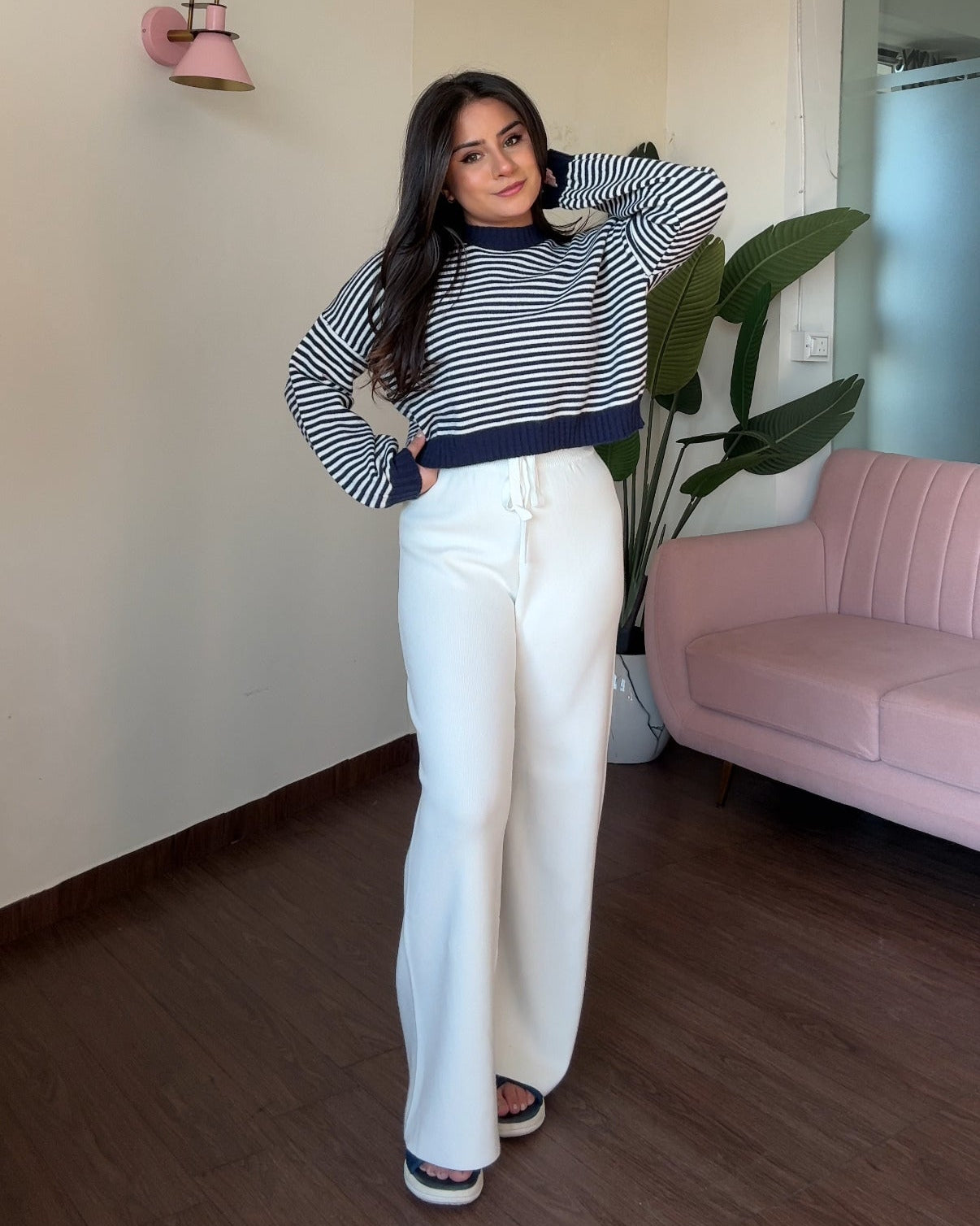 Cropped Stripped Sweater Woollen Pajama Set