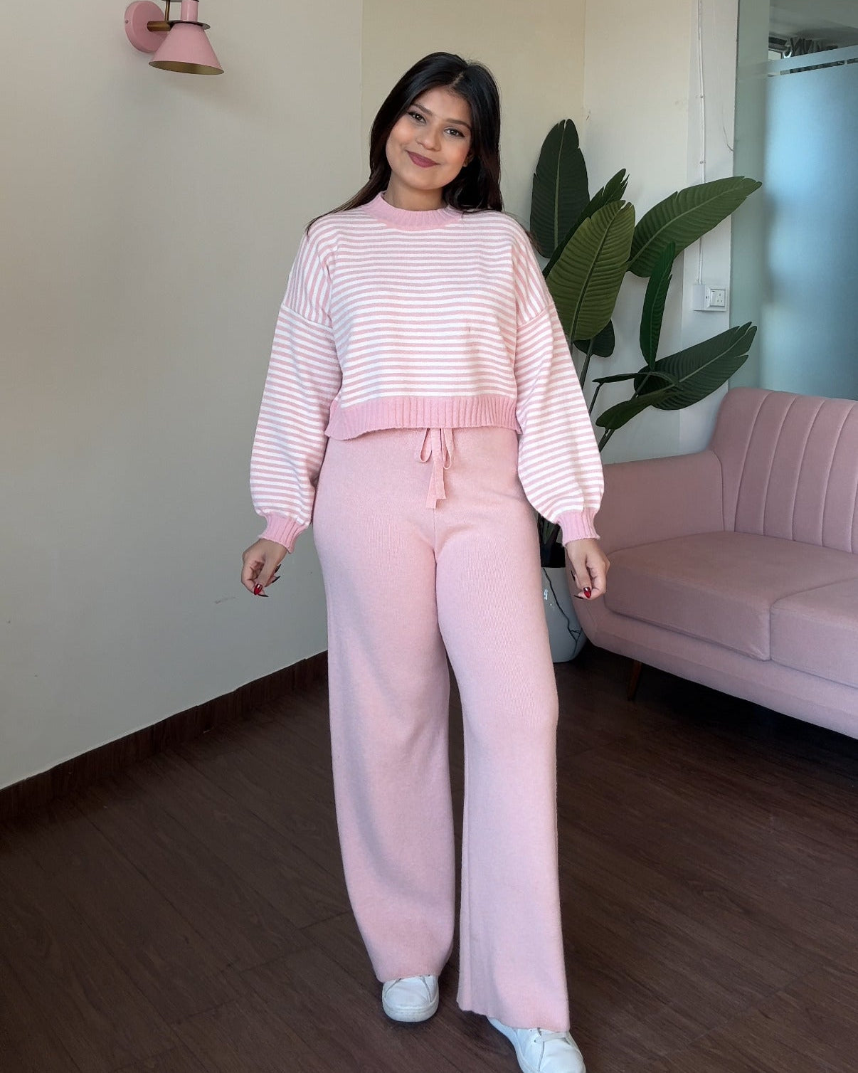 Cropped Stripped Sweater Woollen Pajama Set