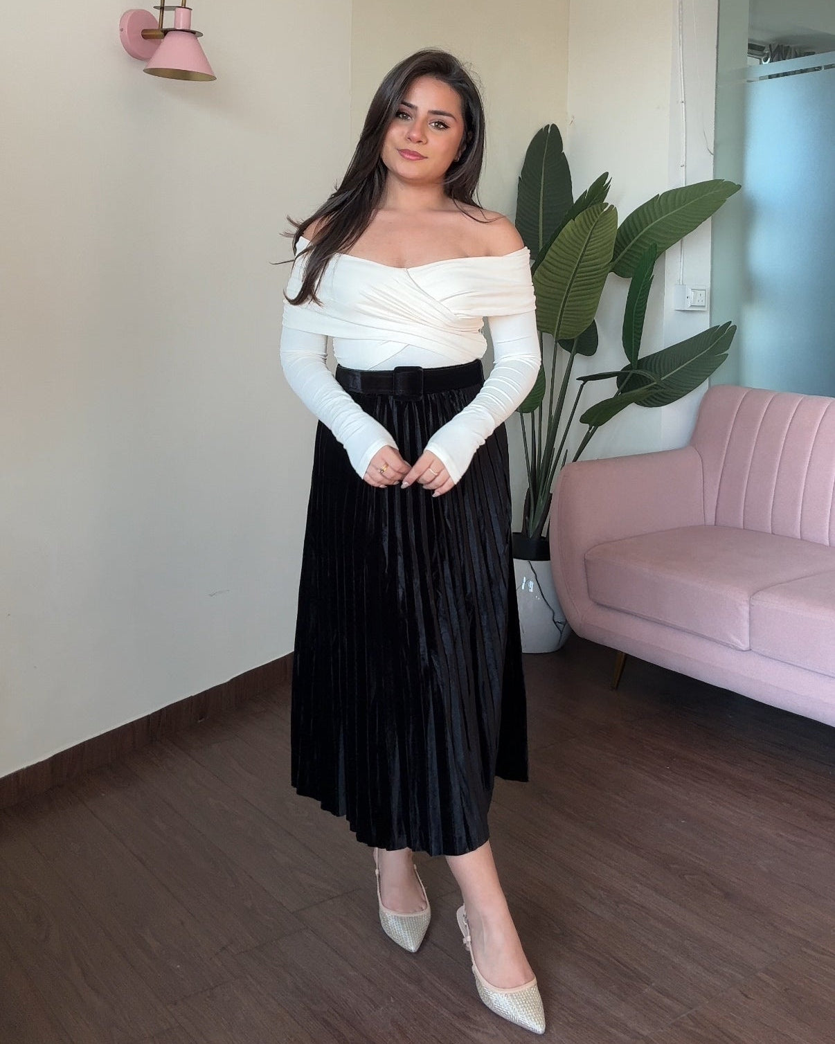 Velvet Pleated Midi Skirt With Belt