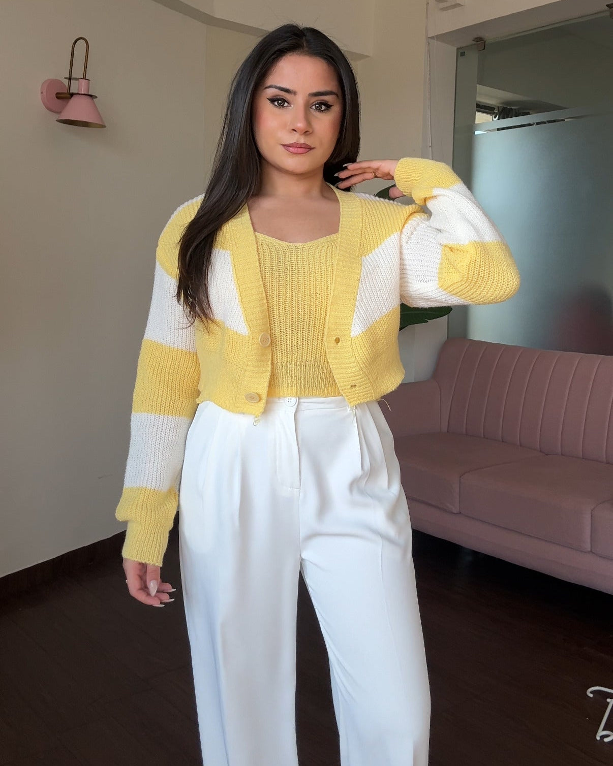 Stripped Crochet Woollen Cardigan Set