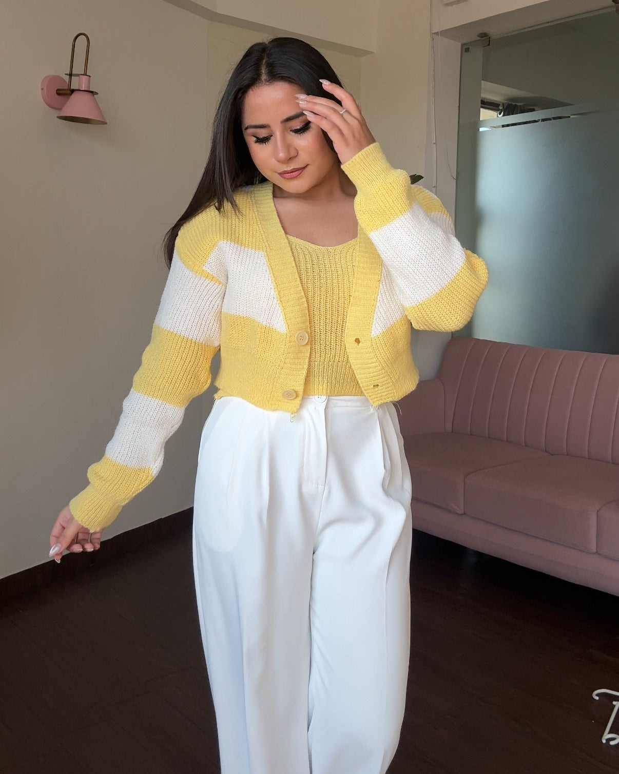 Stripped Crochet Woollen Cardigan Set