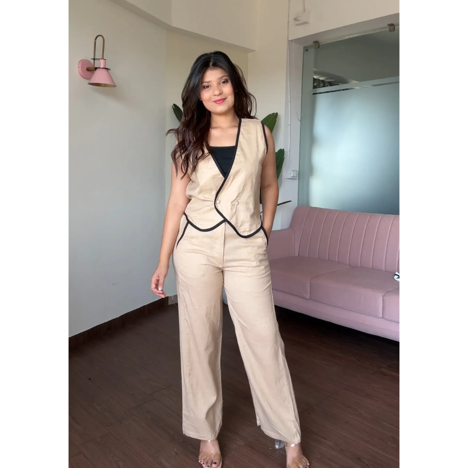 Contrast Border Linen Vest 2 Piece Set