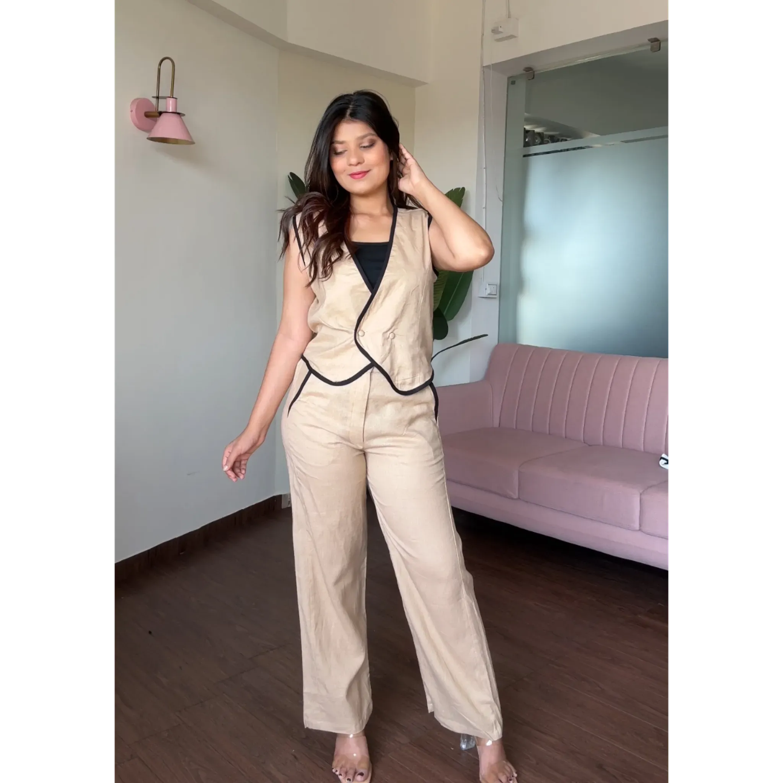 Contrast Border Linen Vest 2 Piece Set