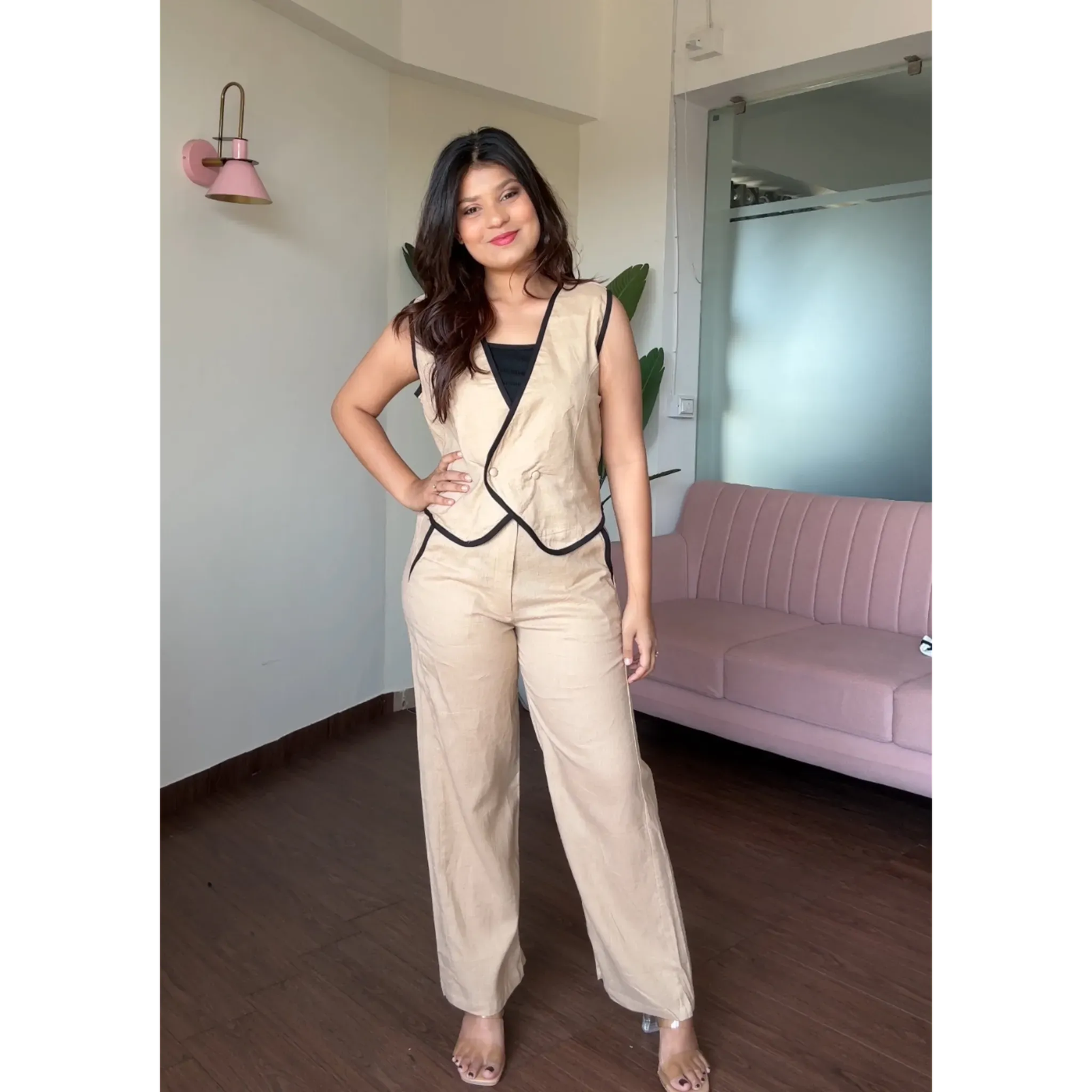 Contrast Border Linen Vest 2 Piece Set