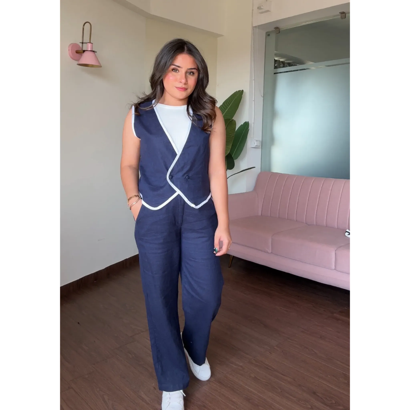 Contrast Border Linen Vest 2 Piece Set