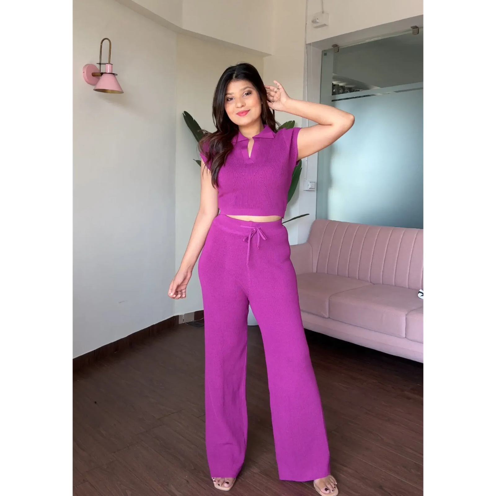 Knitted Cropped Collared Solid Co-ord Set