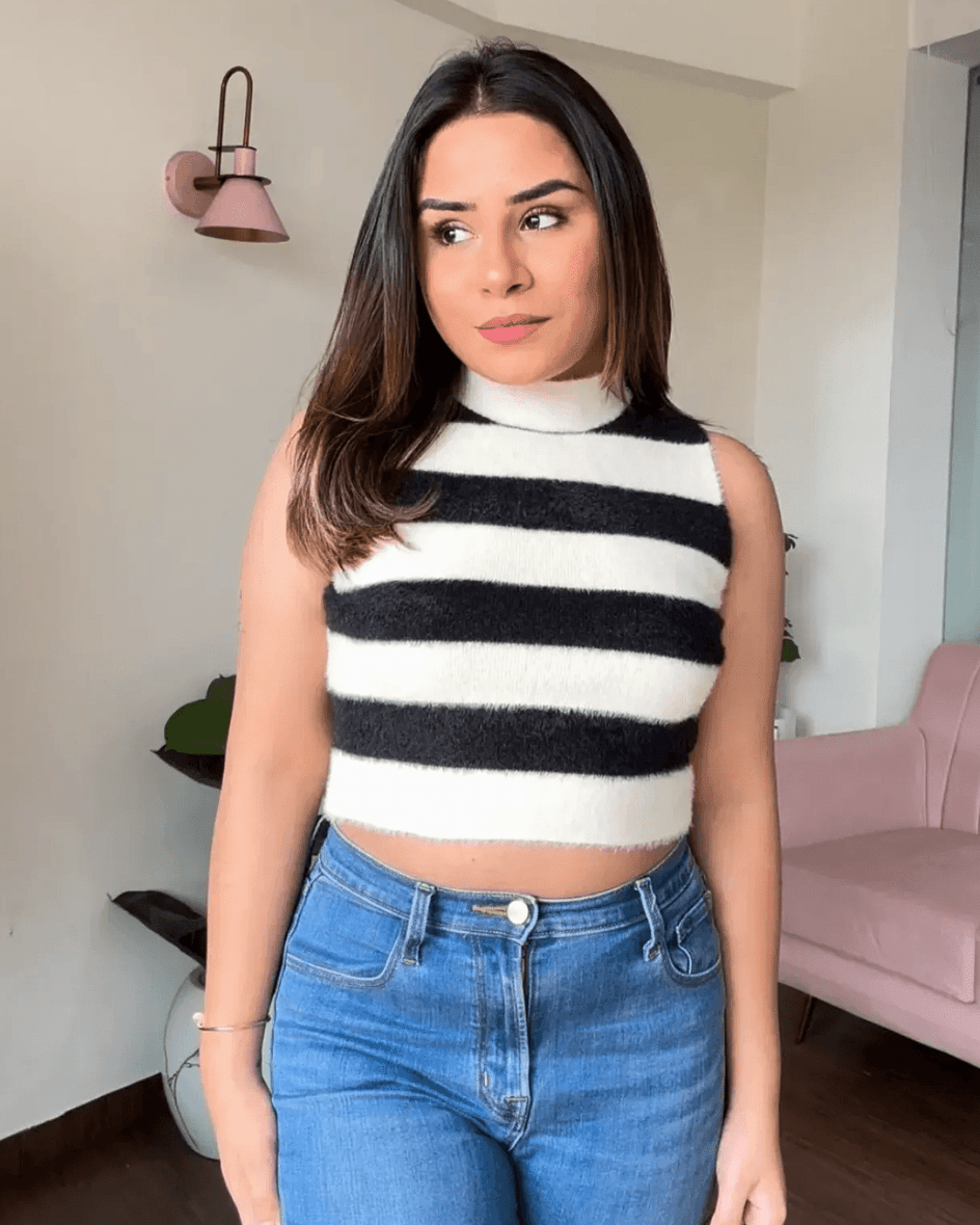 High-Neck Fuzzy Striped Crop Top