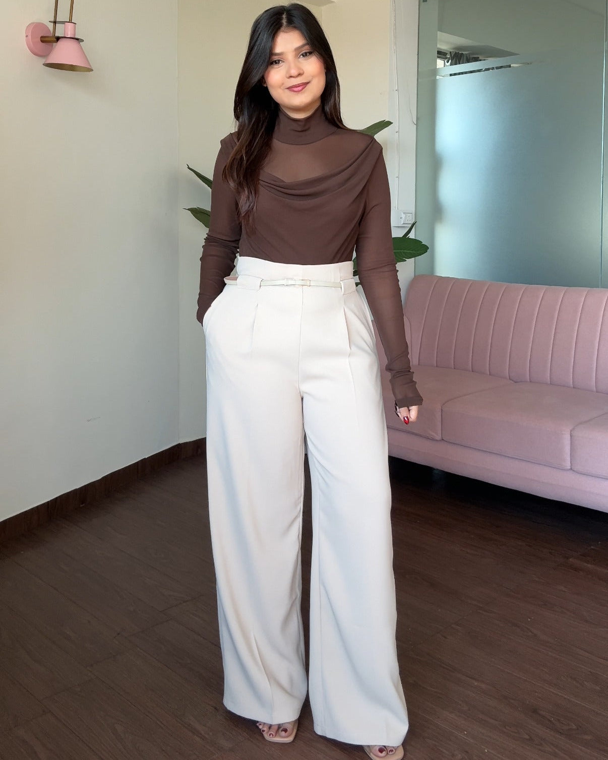 Straight Fit Wide Leg Pants With Belt For Women