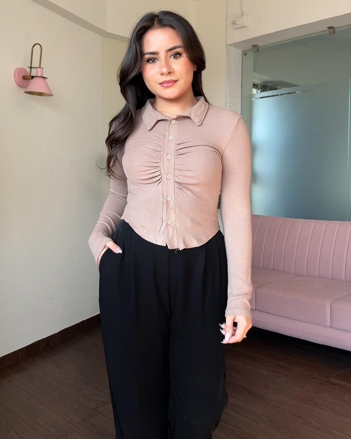 Ruched Detailing Button Down Fitted Top