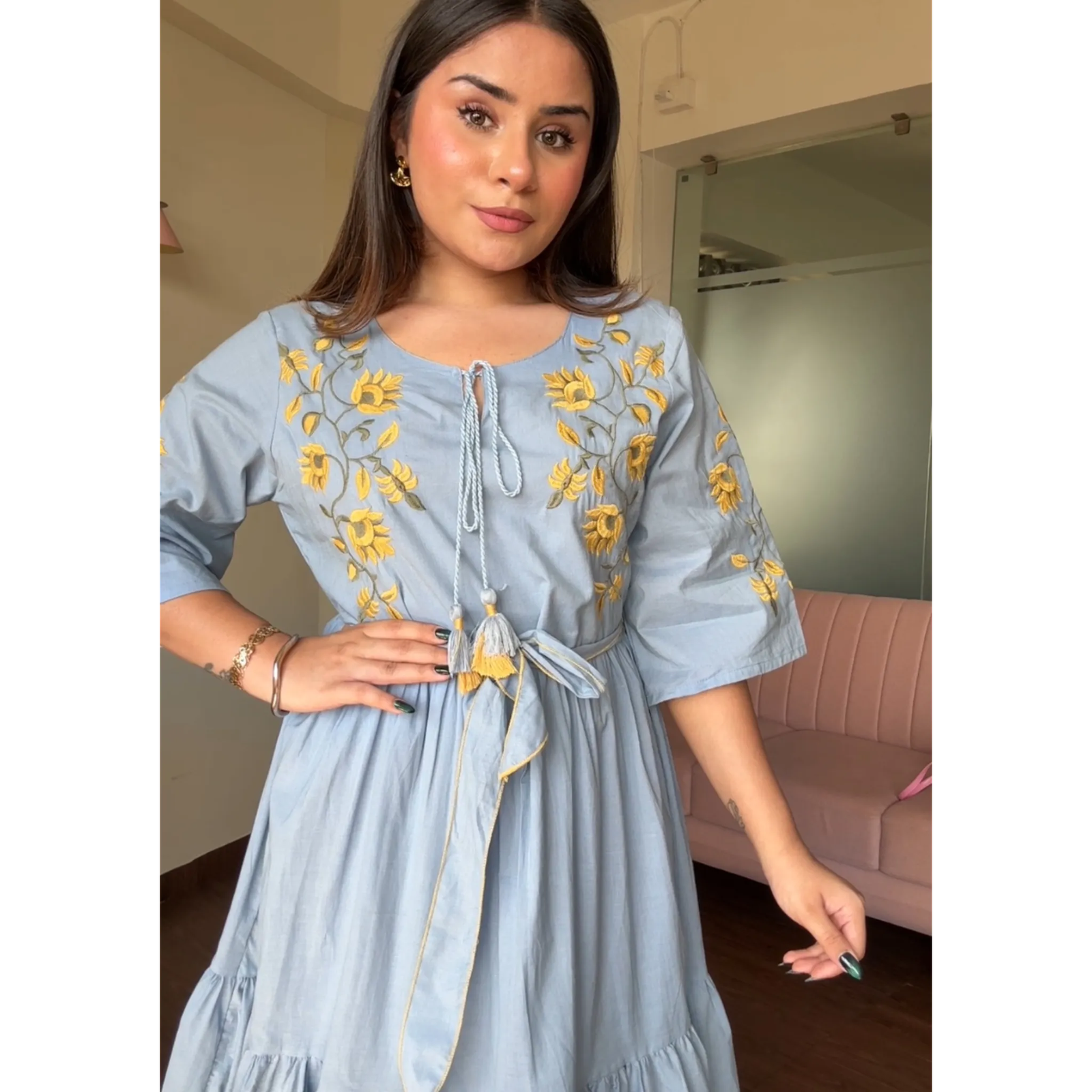 Powder Blue Flowy Cotton Dress With Belt