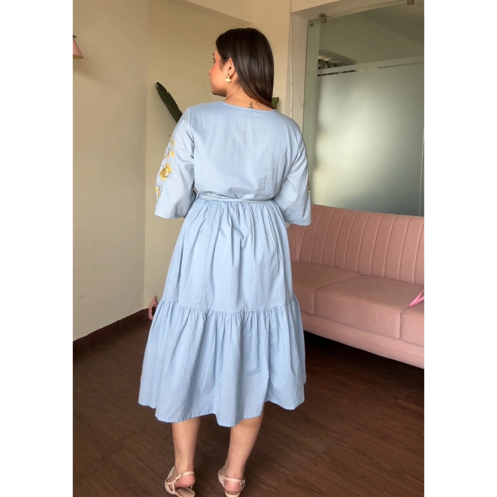 Powder Blue Flowy Cotton Dress With Belt